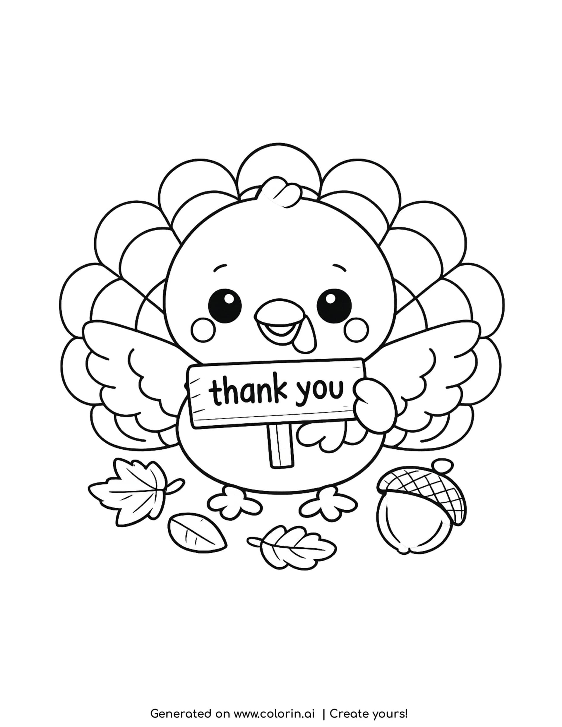 cute thanksgiving coloring pages, a round happy turkey holding a wooden thank you sign with leaves at its feet