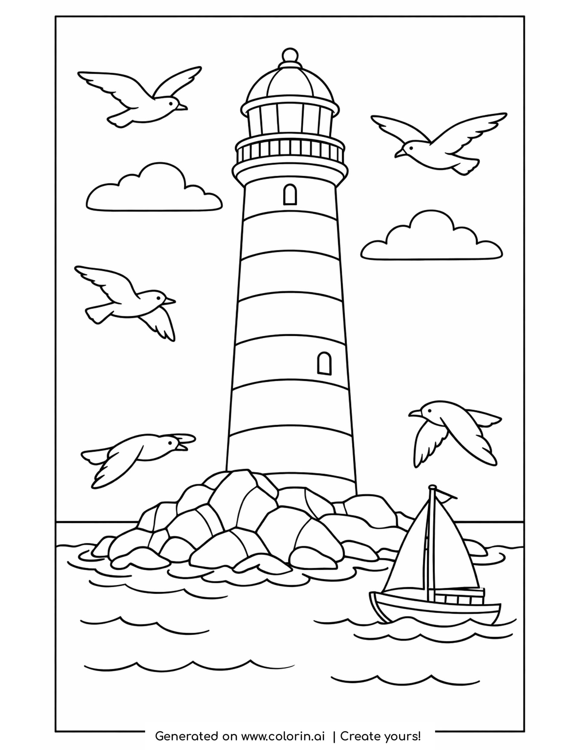 lighthouse coloring pages - a tall striped lighthouse on a pile of boulders with five circling gulls, two clouds and a small sailboat