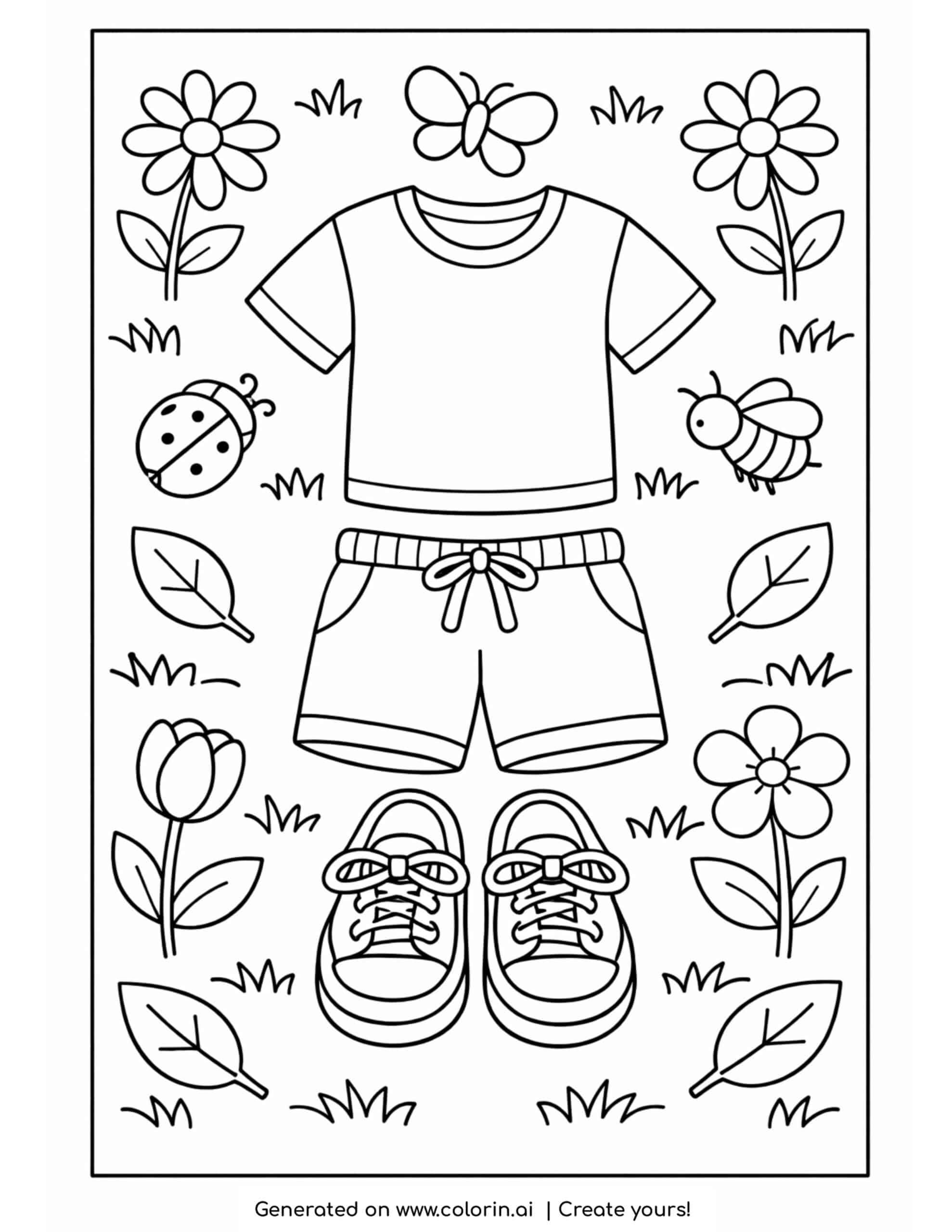 kids outfit with shirt shorts shoes surrounded by flowers and insects coloring page