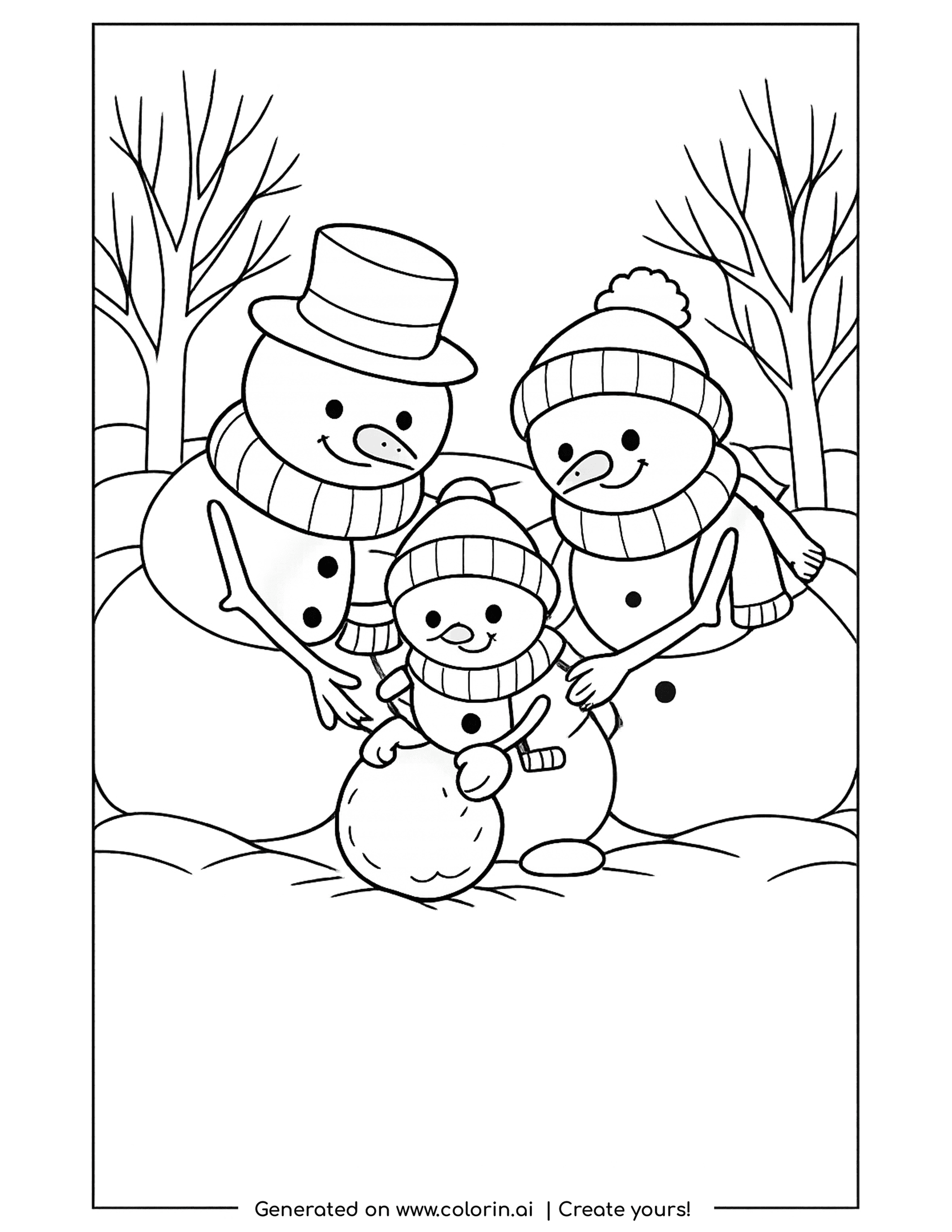 snowman coloring pages, a snowman family building a smaller snowman together among bare winter trees