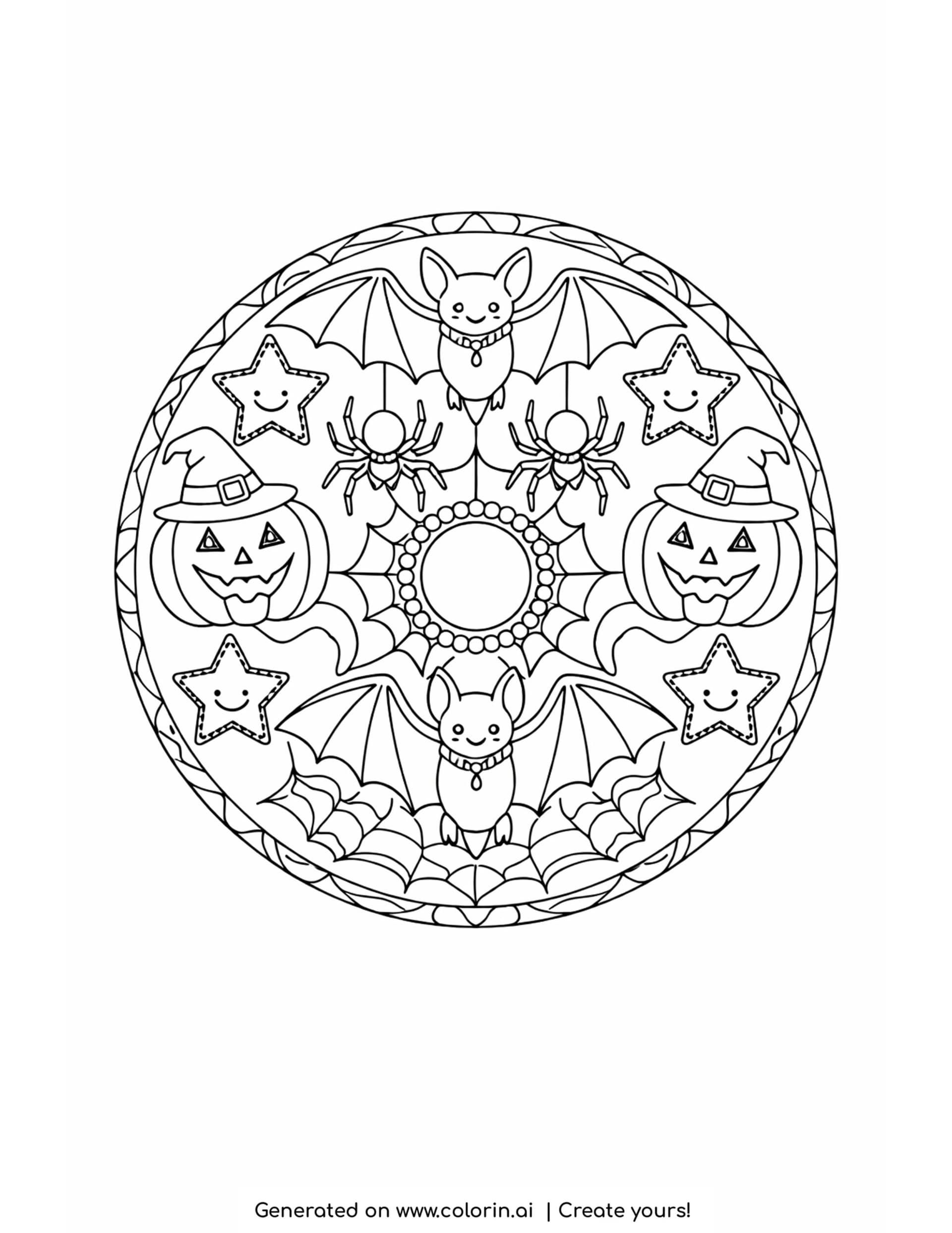 halloween mandala coloring pages, a circular mandala of repeating bats, pumpkins, spiders, and stars