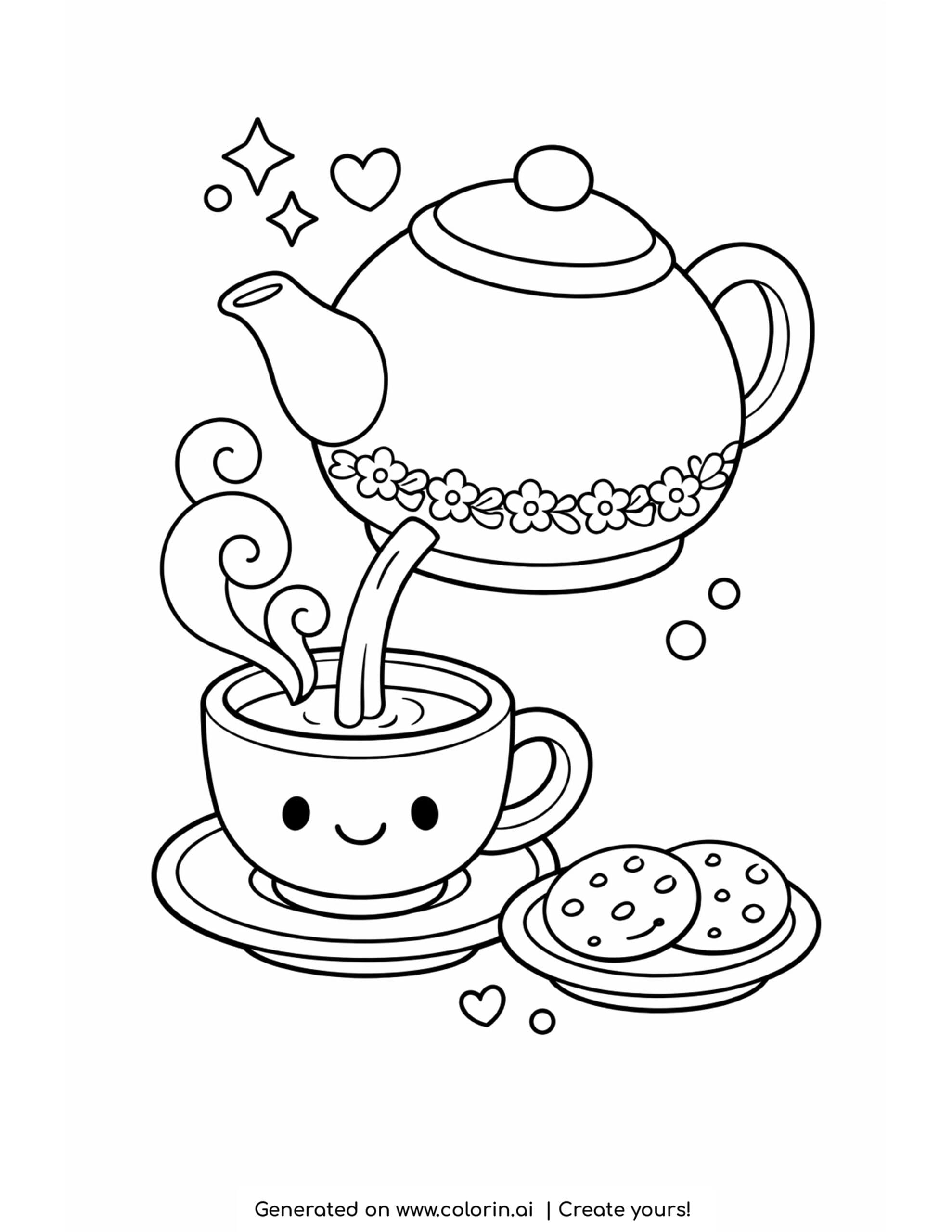 cozy winter coloring pages, a teapot pouring into a smiling cup with cookies on a plate