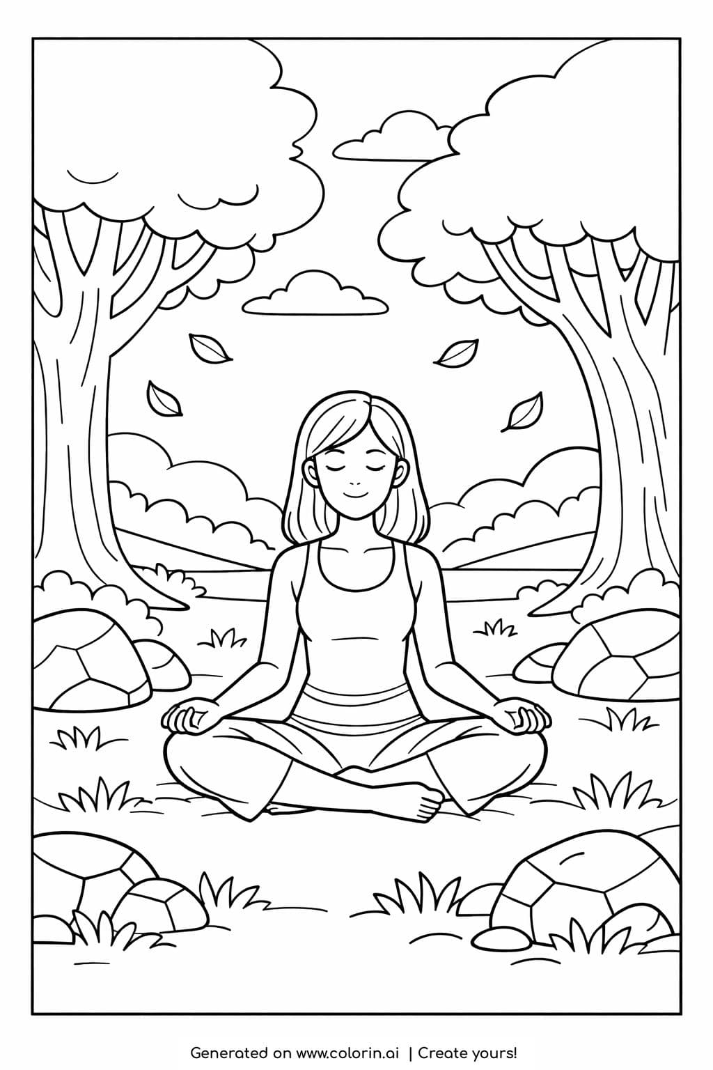girl sitting in peaceful meditation coloring page showing a calm girl meditating outdoors among trees coloring page