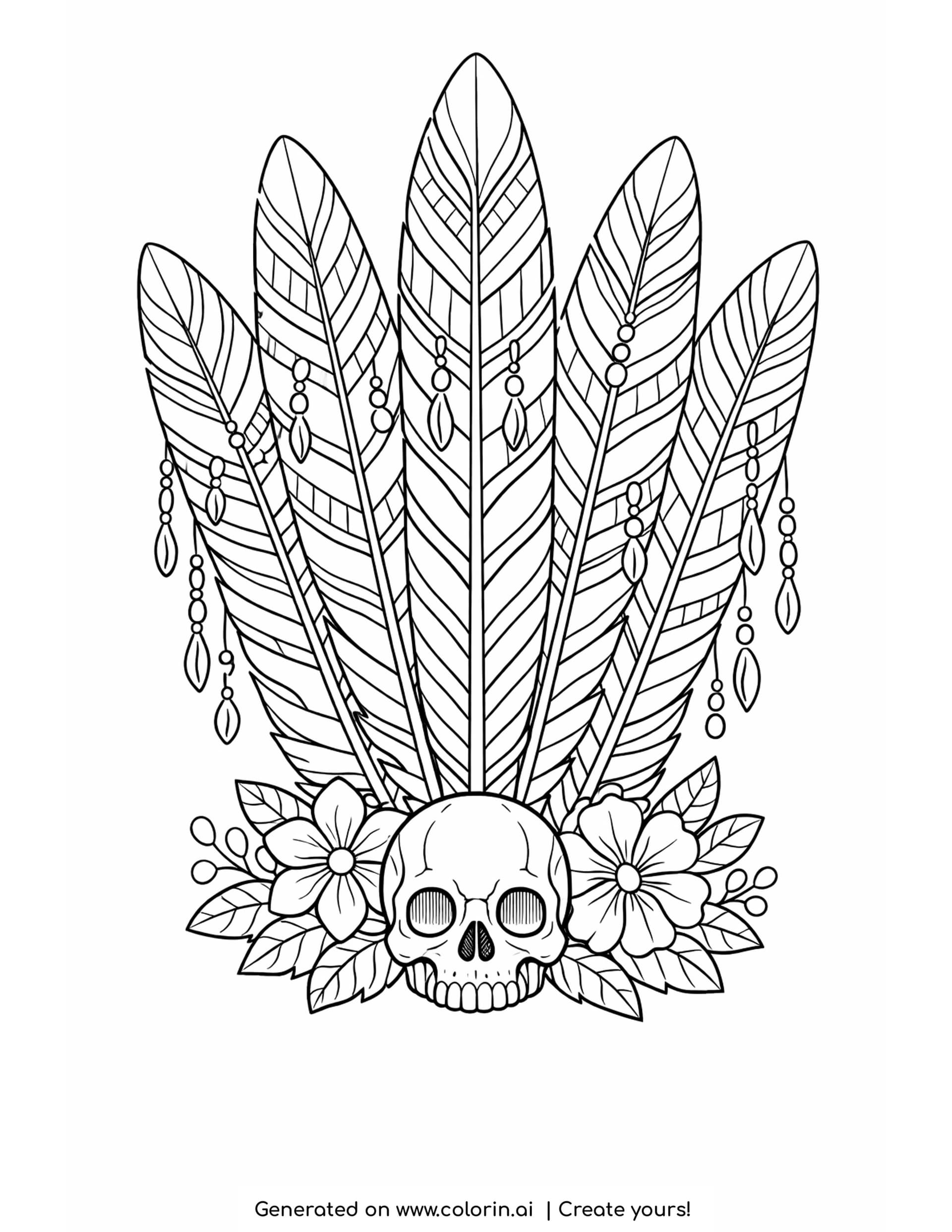 feather coloring pages, five tall patterned feathers with hanging beads above a plain sugar skull and flowers