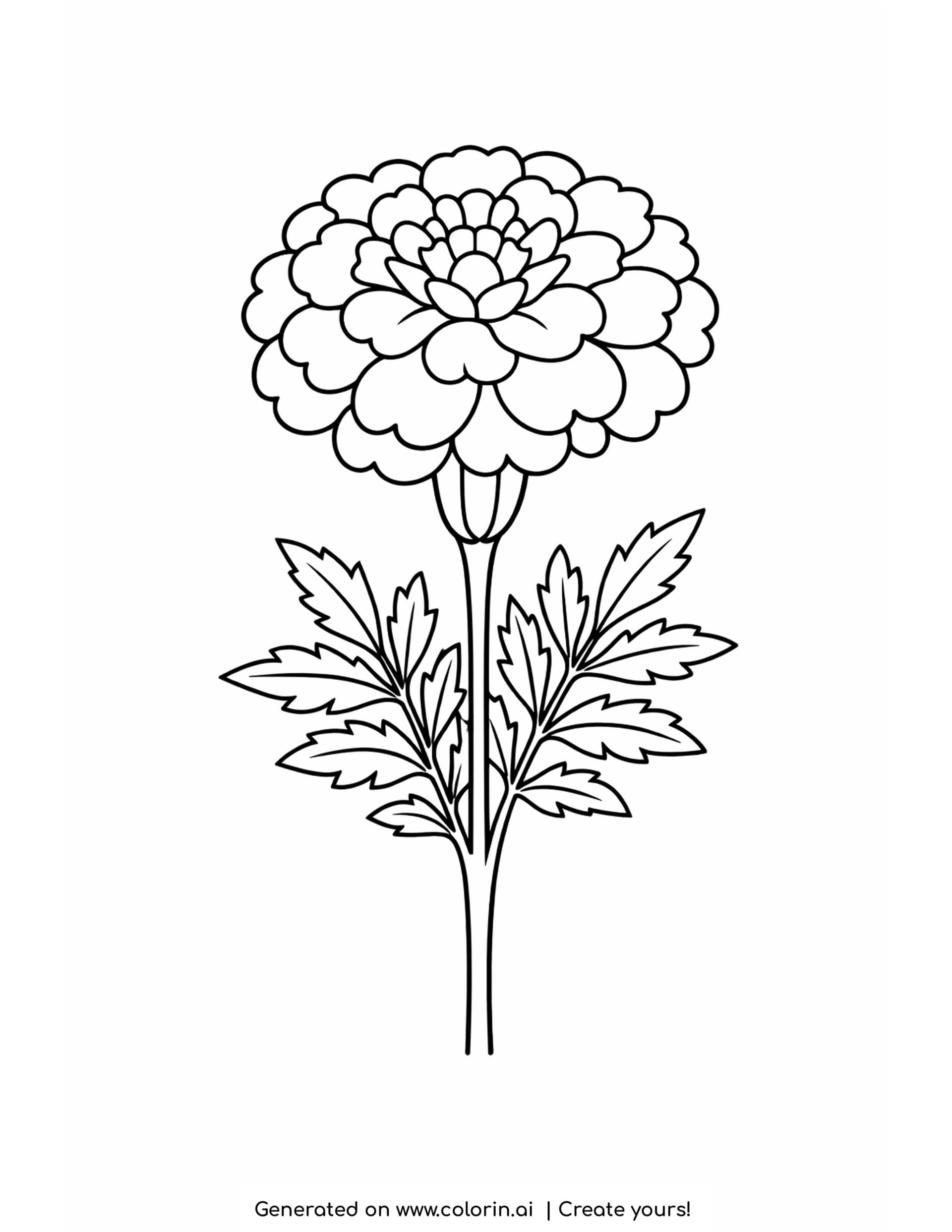 simple marigold coloring pages, one bold marigold bloom of layered petals on a straight stem with four leaves