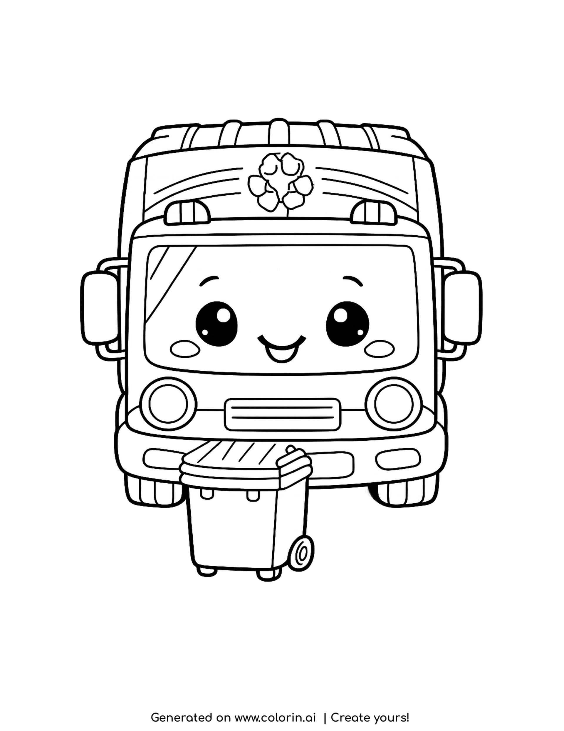 garbage truck coloring page, a friendly boxy garbage truck seen from the front with a recycling symbol and a wheelie bin in front of it