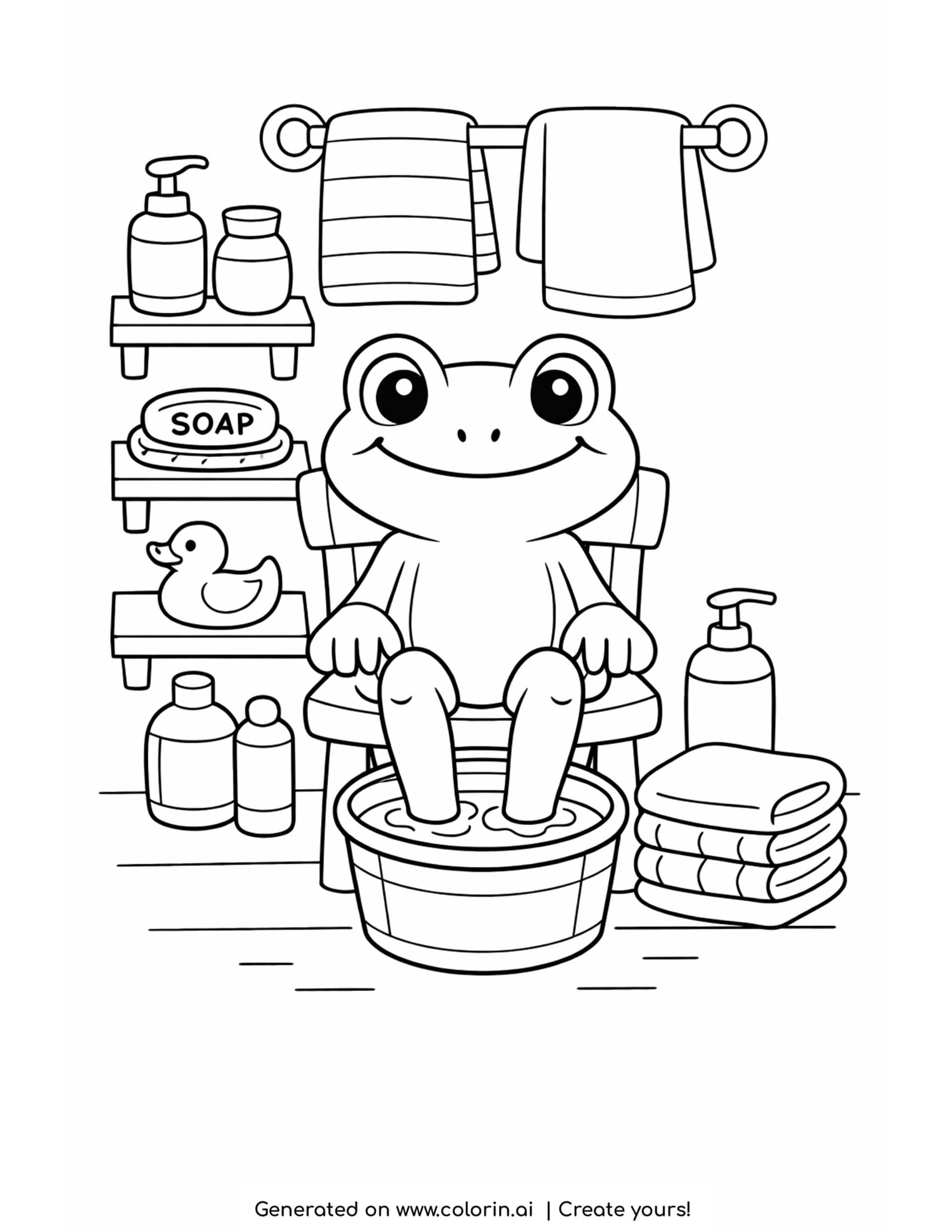 frog soaking feet in a bucket with towels and soap coloring page