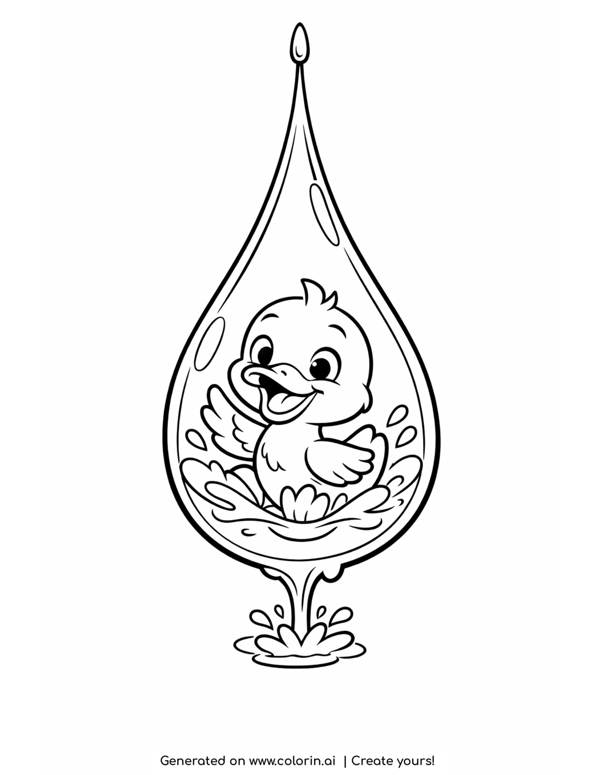 duck inside a rain droplet coloring page with water splashes and curved raindrop details