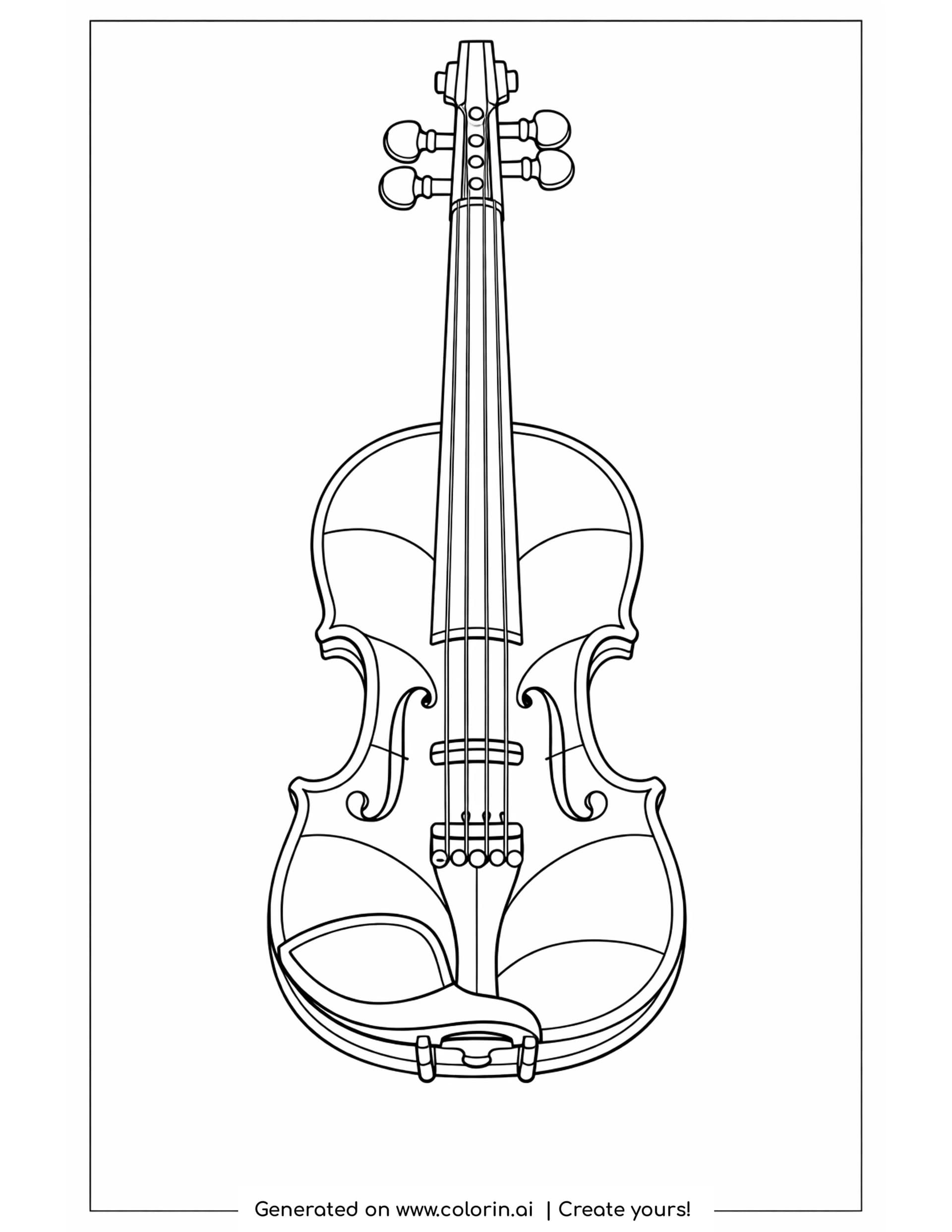 detailed violin coloring pages - a violin standing upright with a spiral scroll, four pegs, an f hole on each side of the bridge and a chin rest