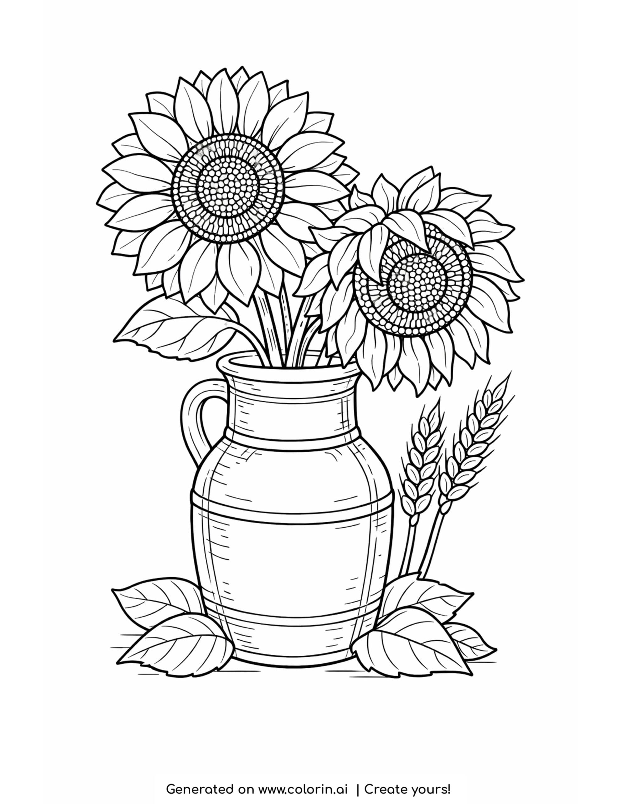 thanksgiving coloring pages for adults, two detailed sunflowers and wheat stalks in a rustic jug vase with leaves