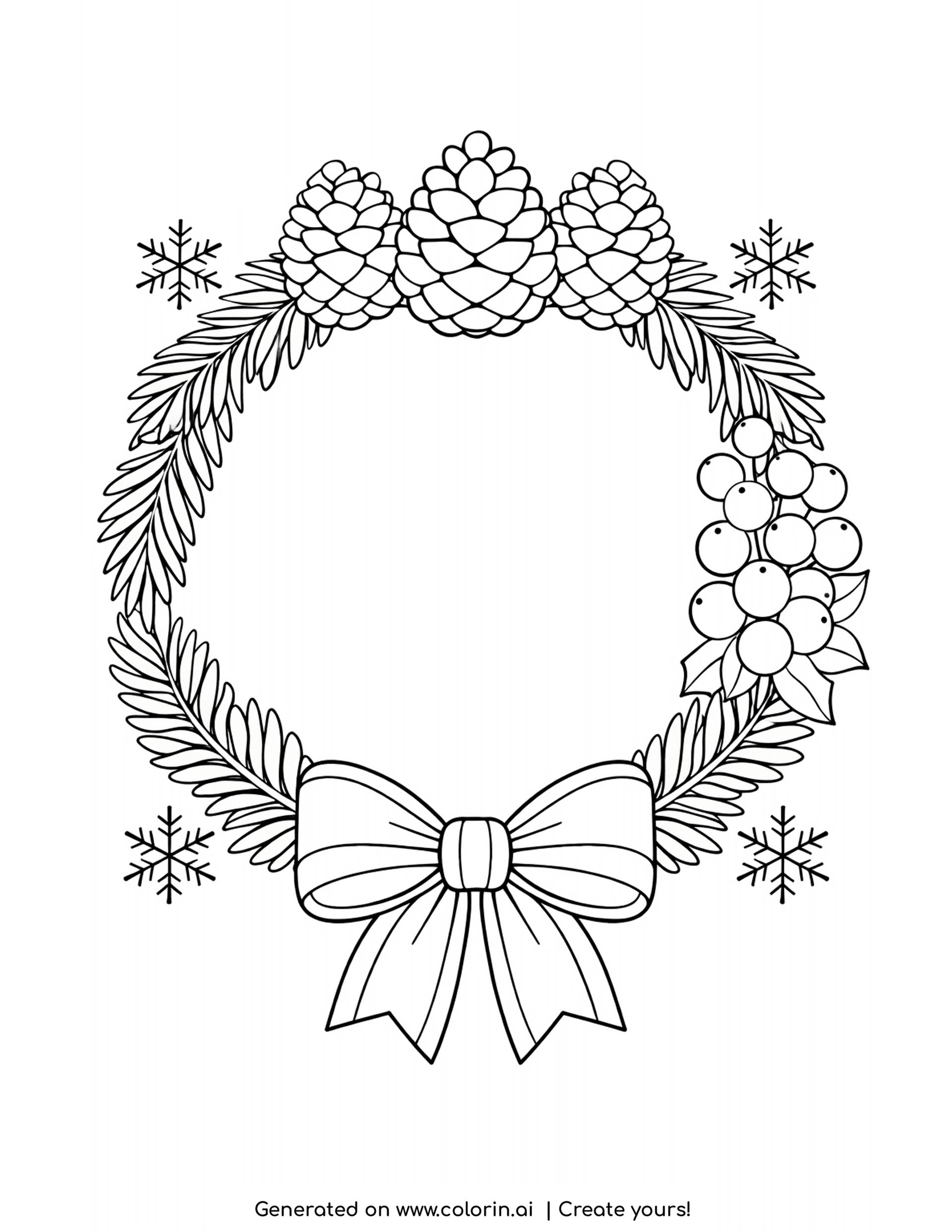 winter coloring pages for adults, a round wreath of pine branches, pinecones, berries and a bow