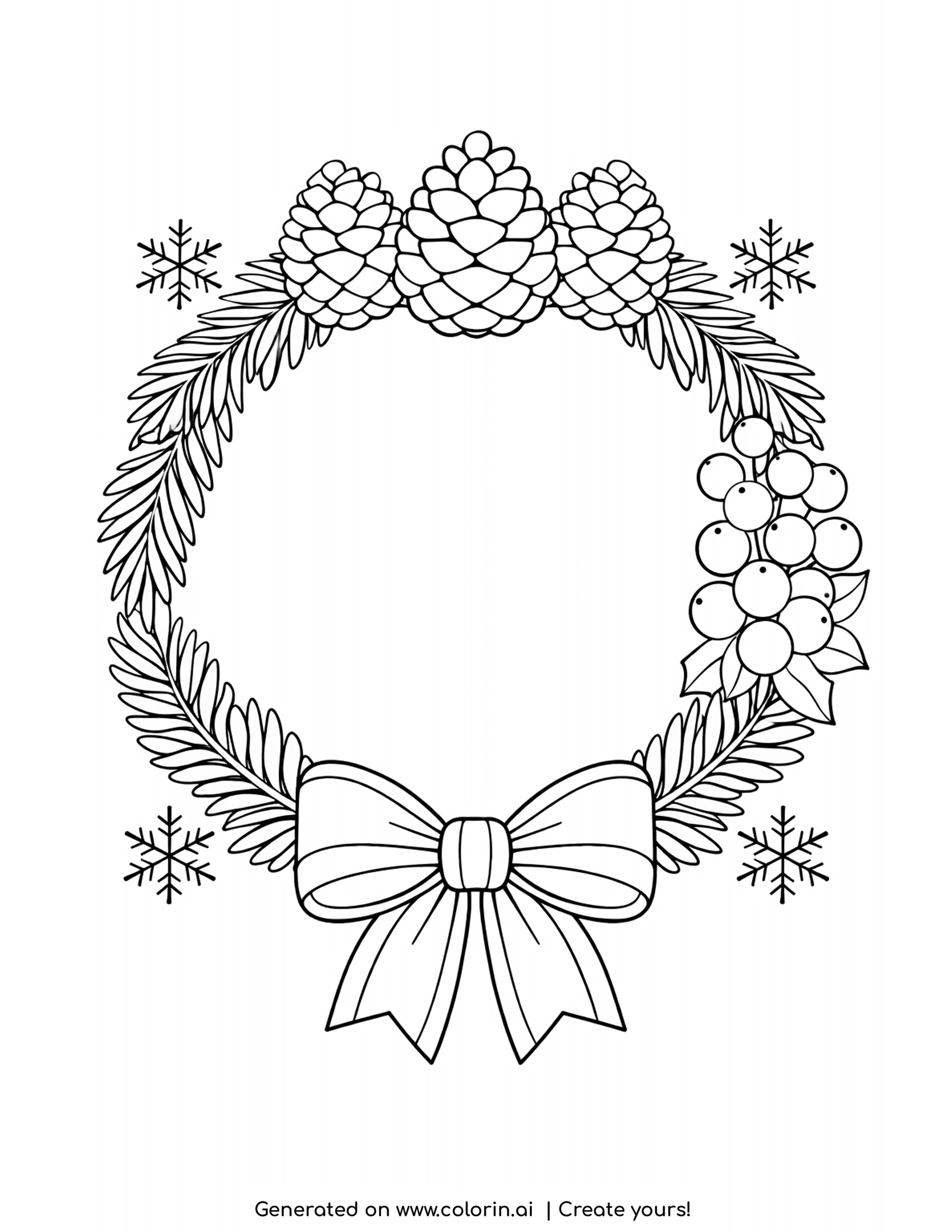 winter coloring pages for adults, a round wreath of pine branches, pinecones, berries and a bow