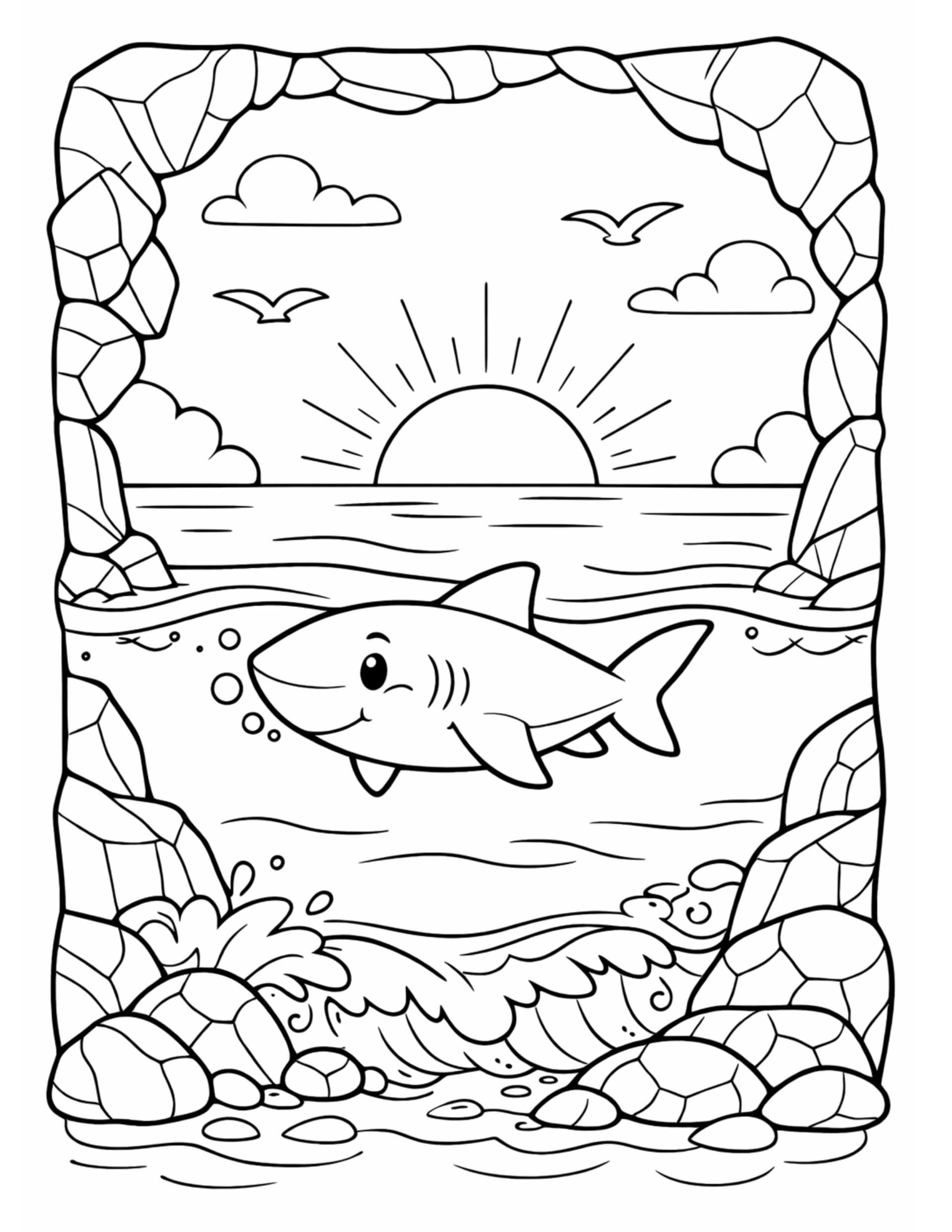 smiling shark swimming at sunset between rocky cliffs coloring page