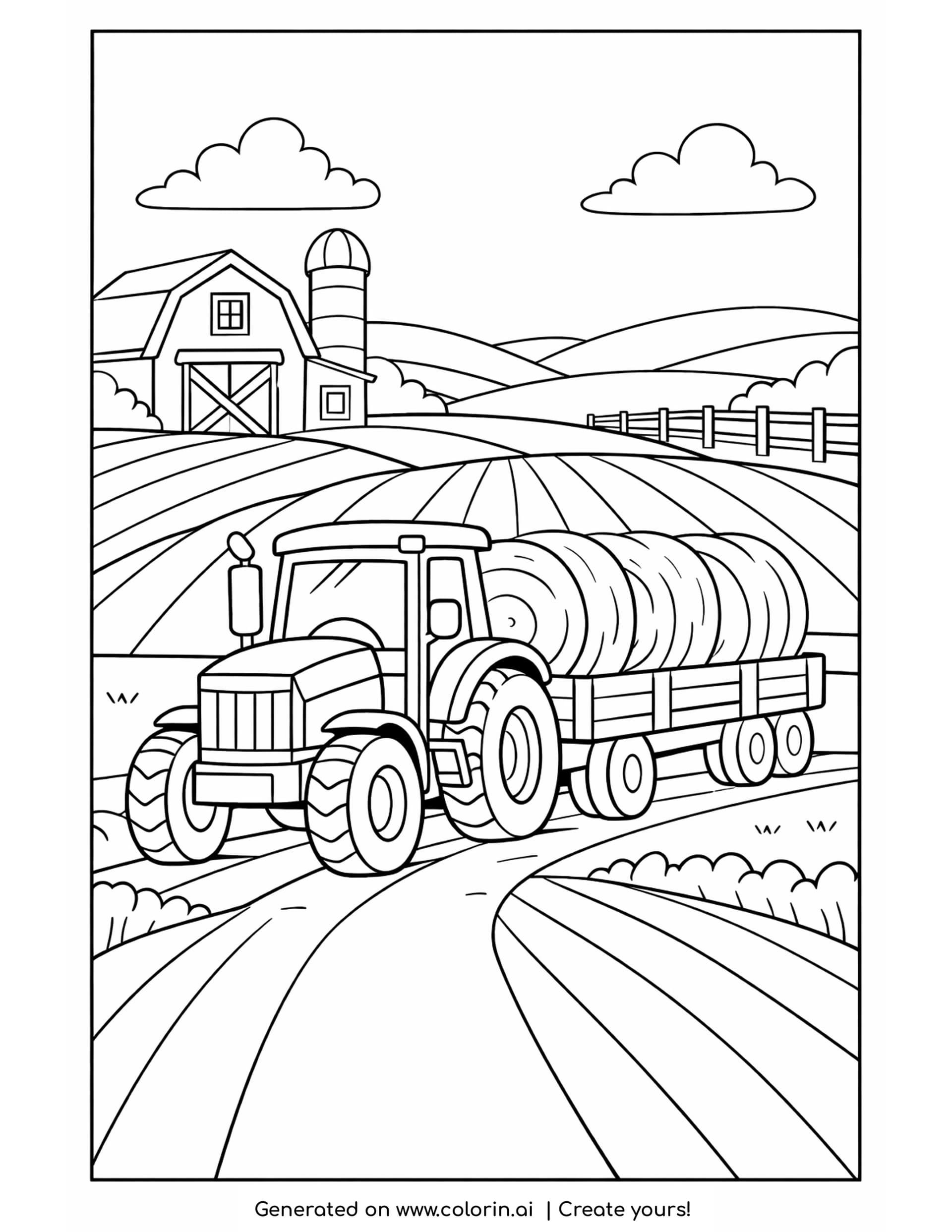 tractor at harvest coloring pages: a tractor pulling a trailer of round hay bales past a barn and silo