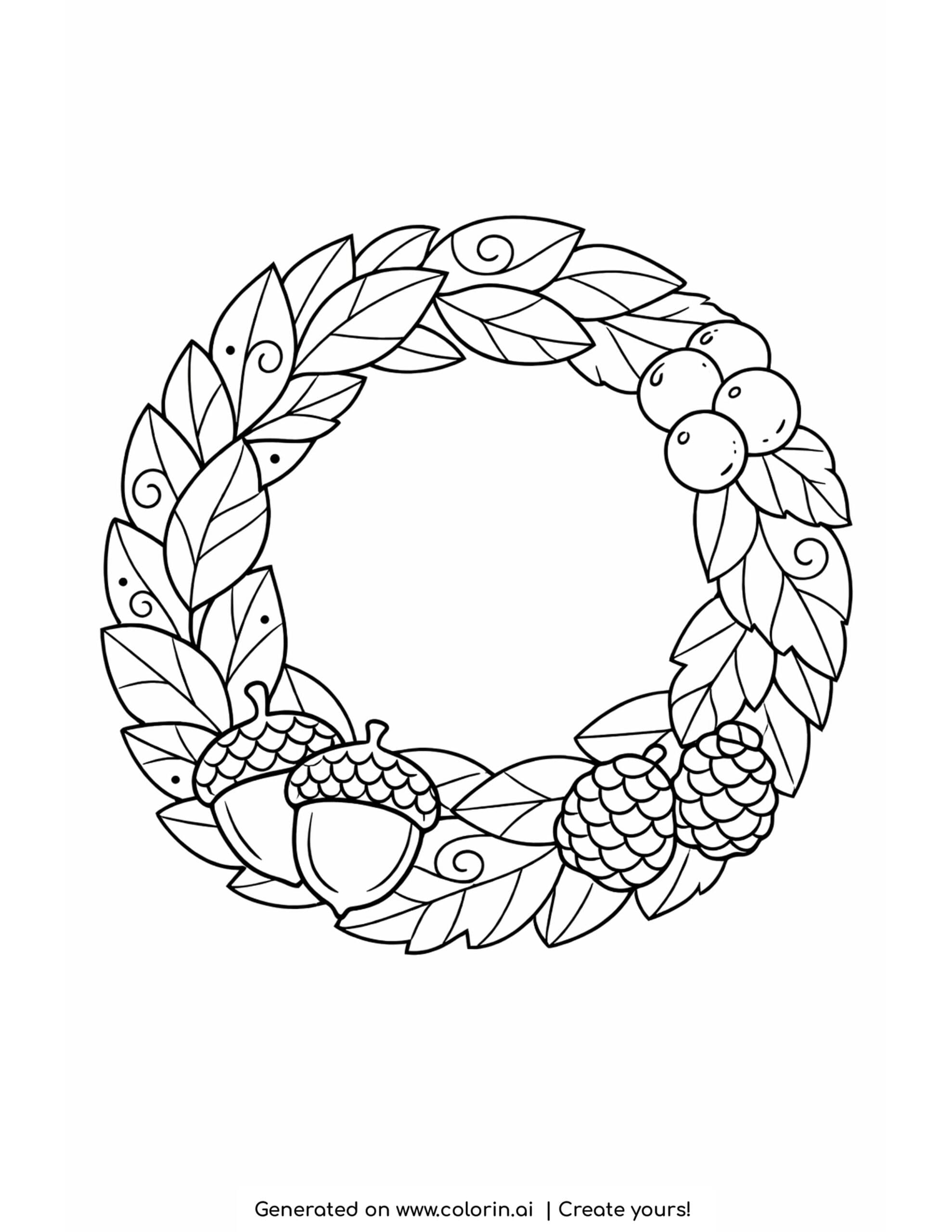 thanksgiving coloring pages for adults, a circular wreath of overlapping leaves, acorns, berries, and pinecones with fine patterns