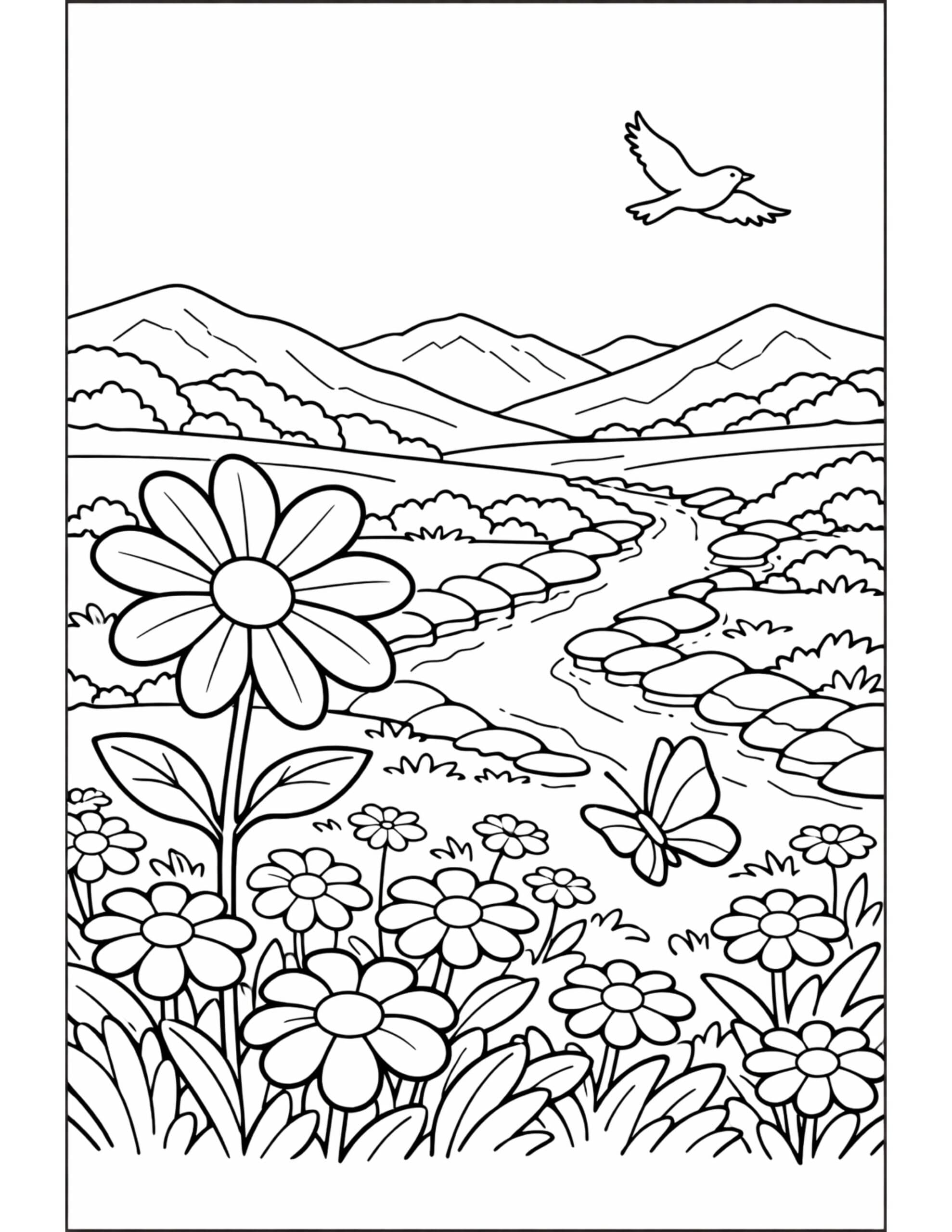 butterfly in wildflower valley coloring page with daisies, winding river, mountains, and a flying bird coloring page