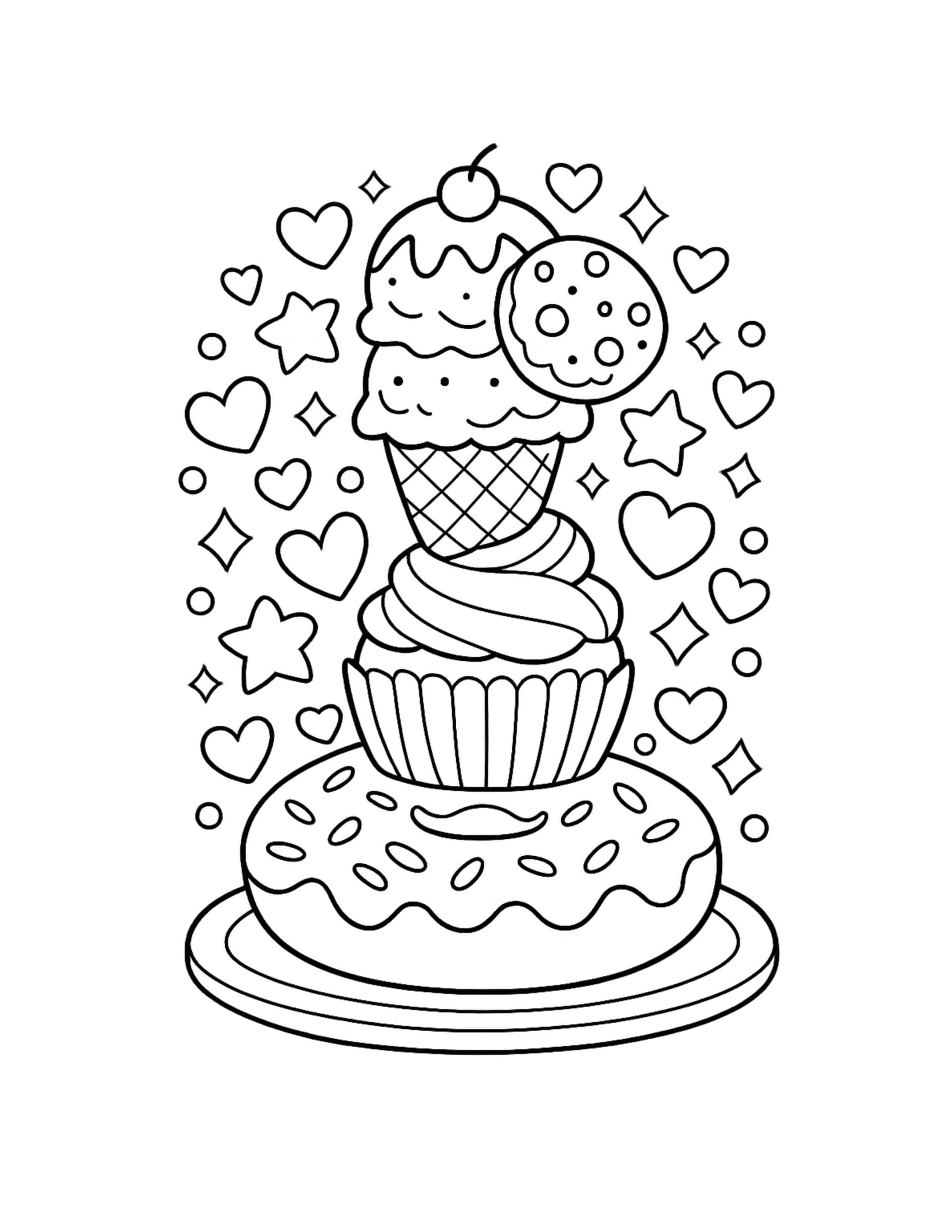 ice cream on cupcake donut coloring page with stacked treats, sprinkles, cookie, and hearts and stars coloring page