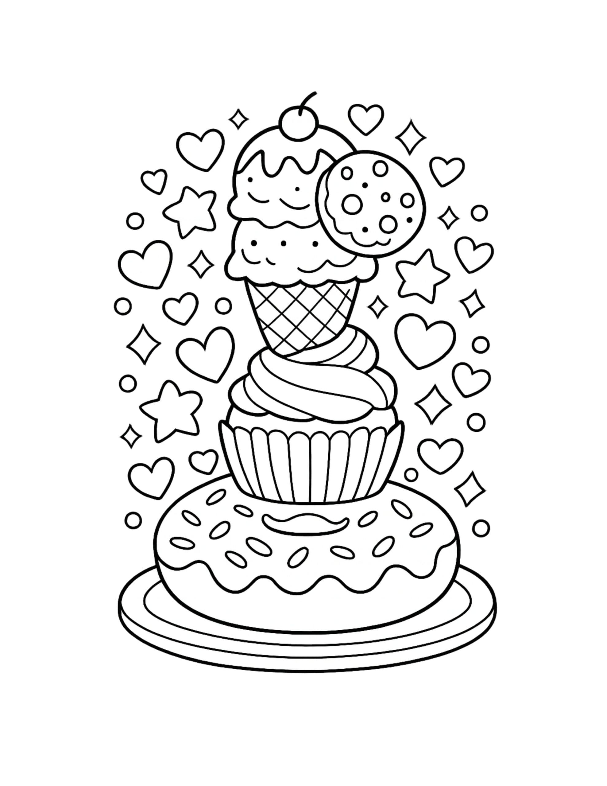 ice cream on cupcake donut coloring page with stacked treats, sprinkles, cookie, and hearts and stars coloring page