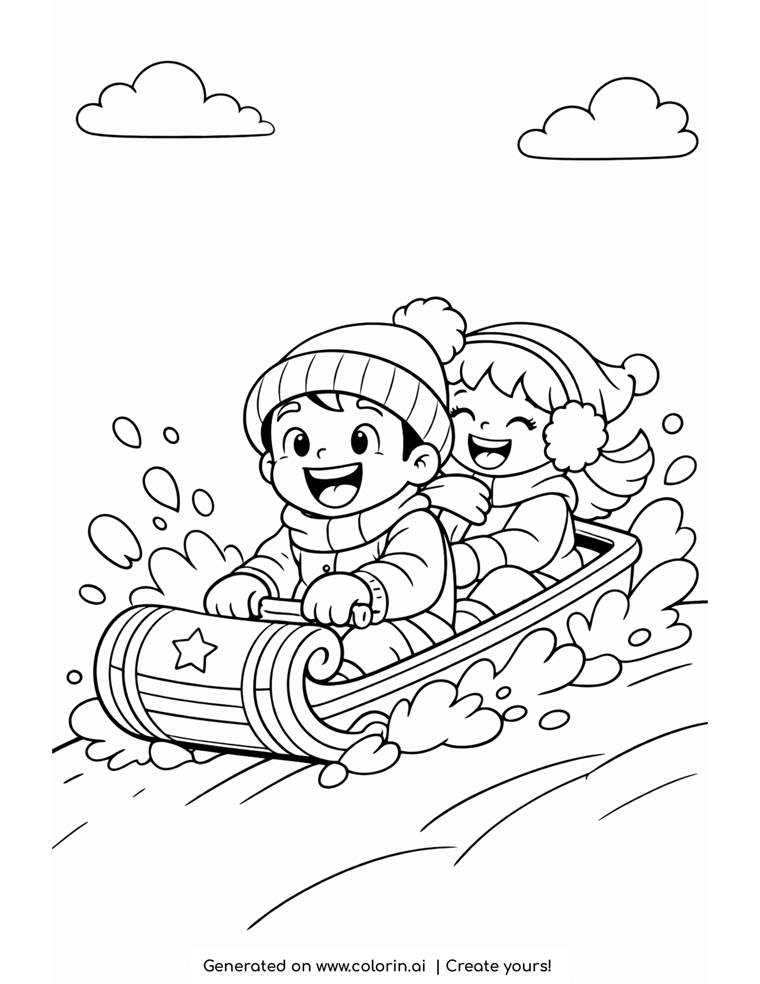sledding coloring pages, two friends bundled together riding one toboggan down a snowy hill with snow flying