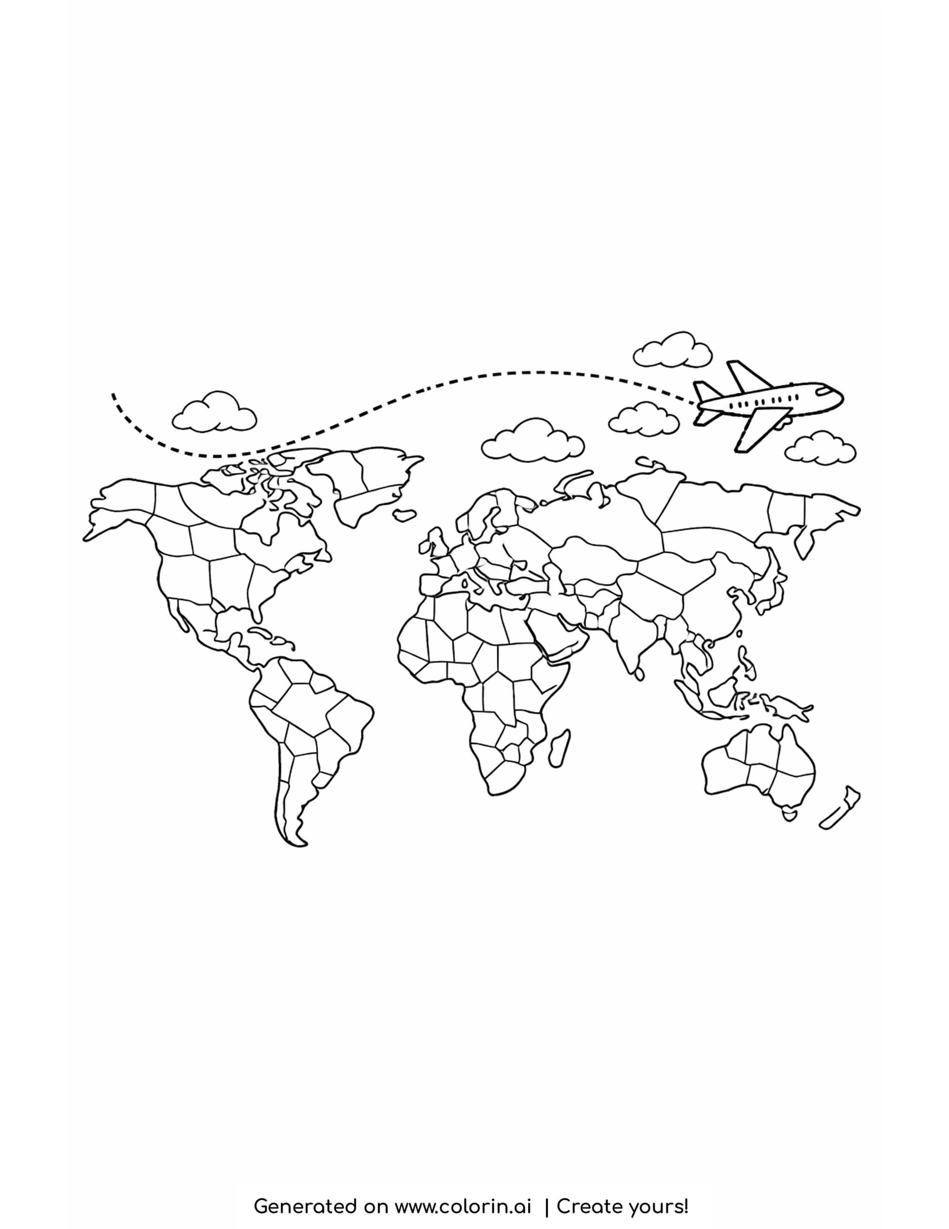 map coloring pages — world map with country borders and a dotted flight path curving across it