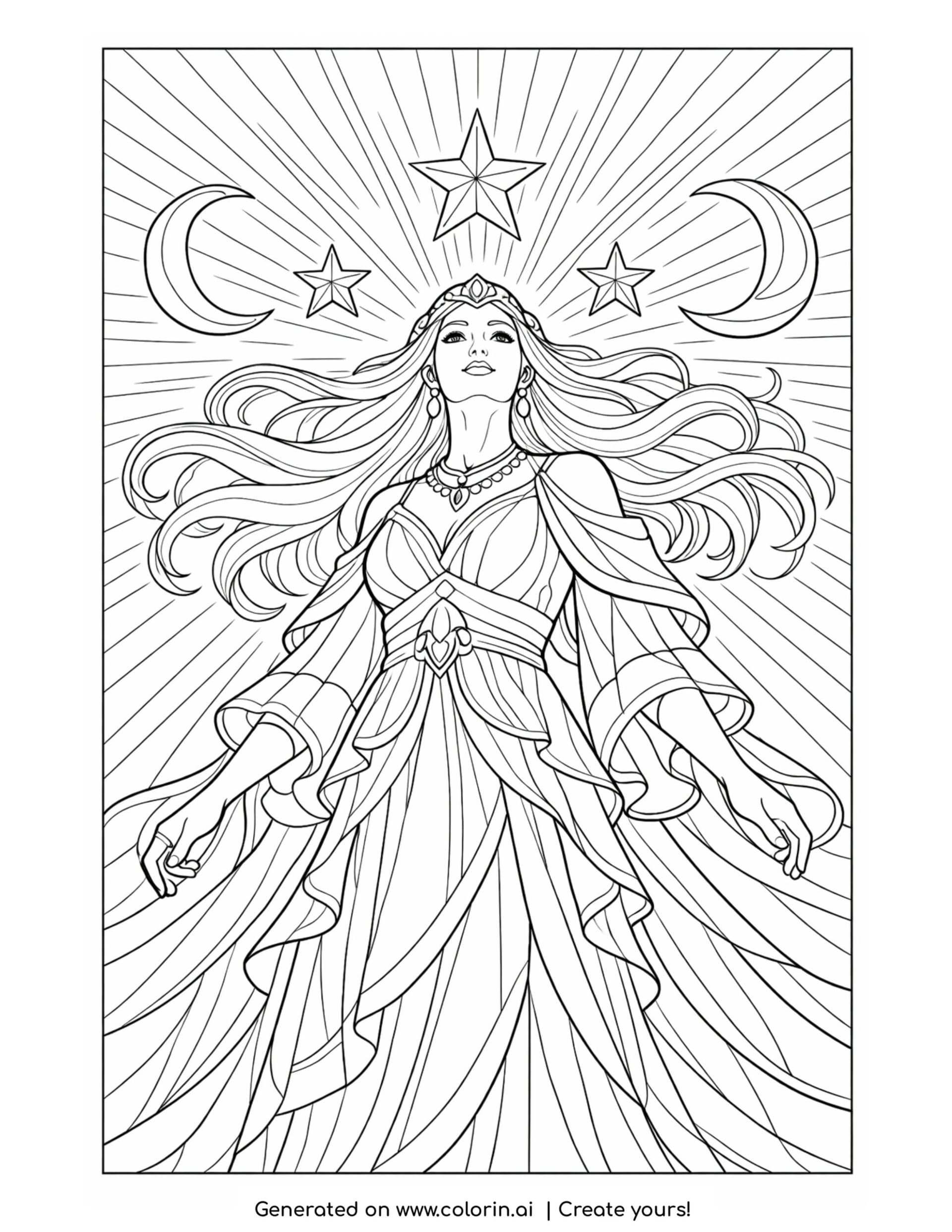 goddess beneath crescent moons coloring page with radiant sky and flowing gown