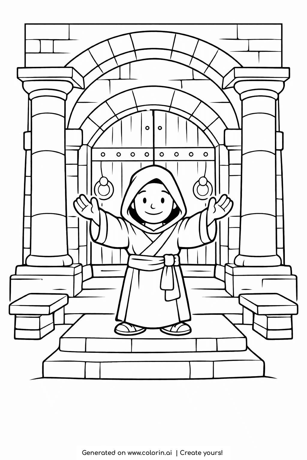 free printable bible coloring pages for kids, Jonah with arms raised before the great arched gate of Nineveh