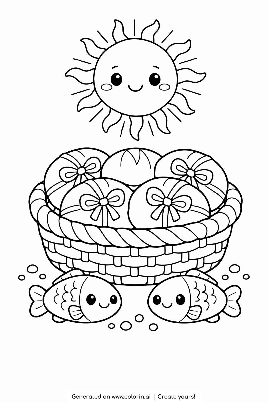 bible coloring pages for toddlers, woven basket of loaves with bows and two smiling fish under a sun