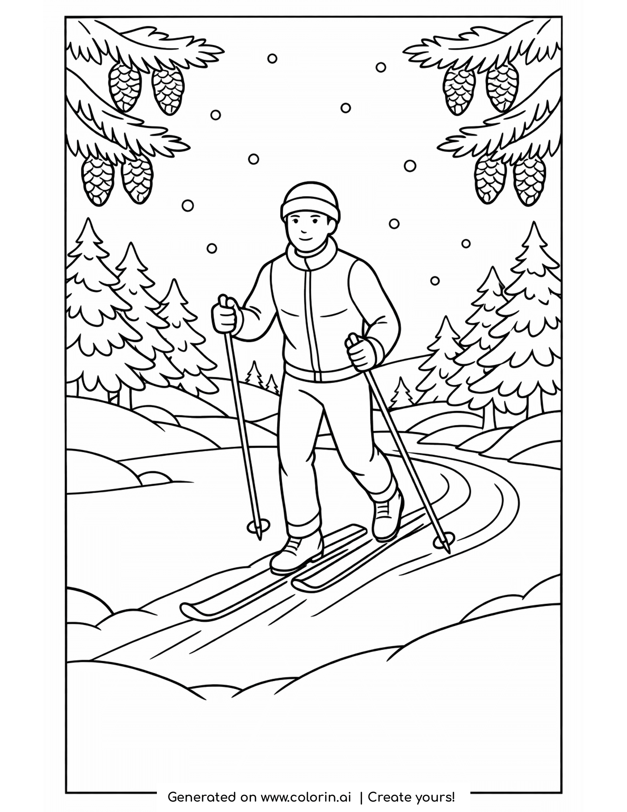 skiing coloring pages, cross-country skier gliding on a trail through snowy pines