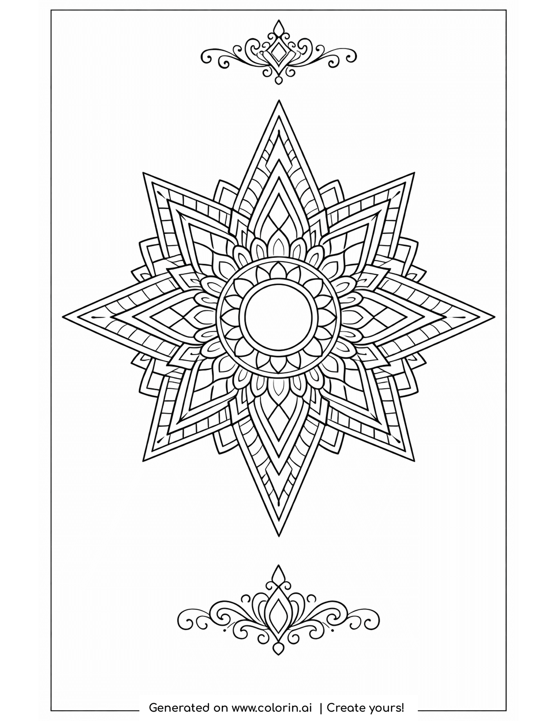 winter coloring pages for adults, an ornate eight-pointed star snowflake with a floral center