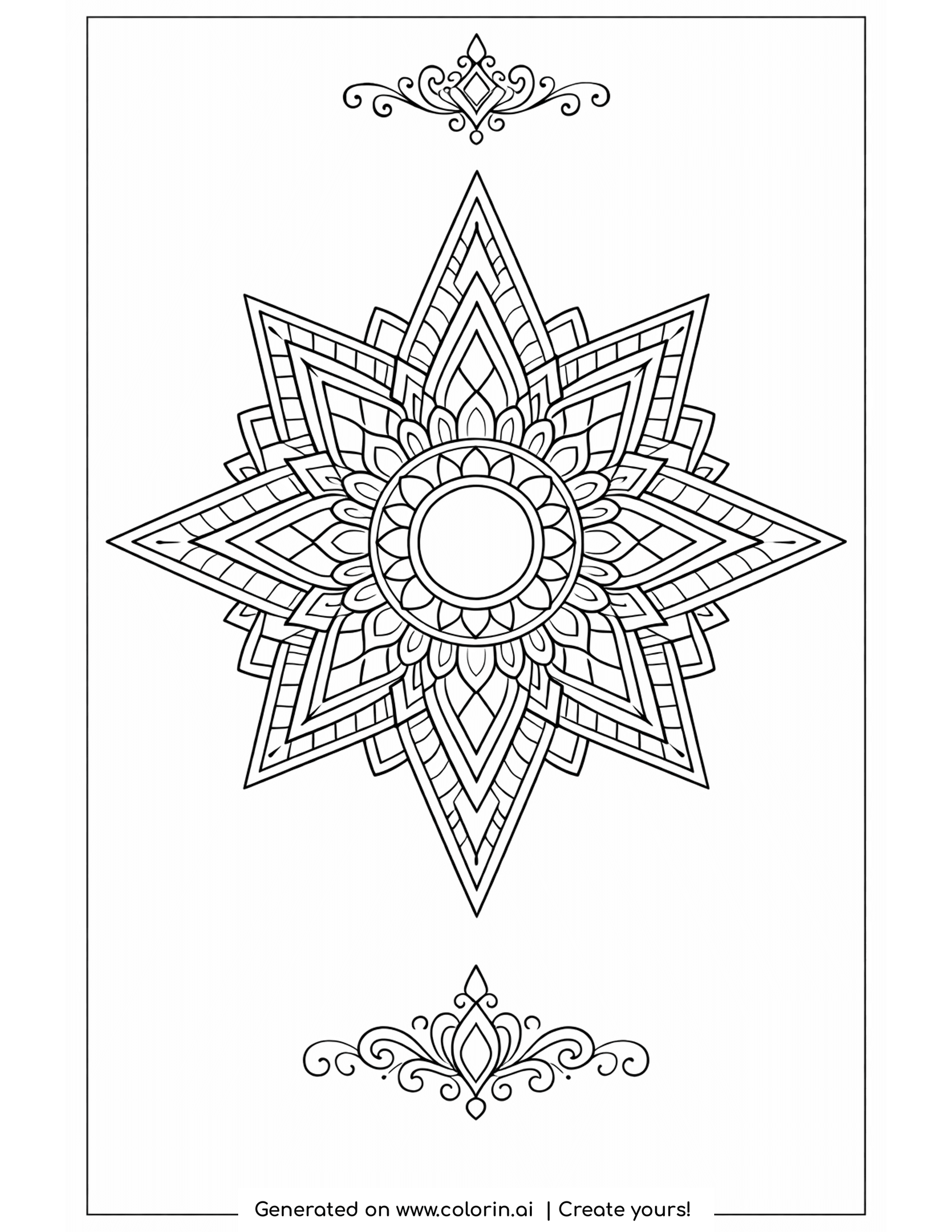 winter coloring pages for adults, an ornate eight-pointed star snowflake with a floral center