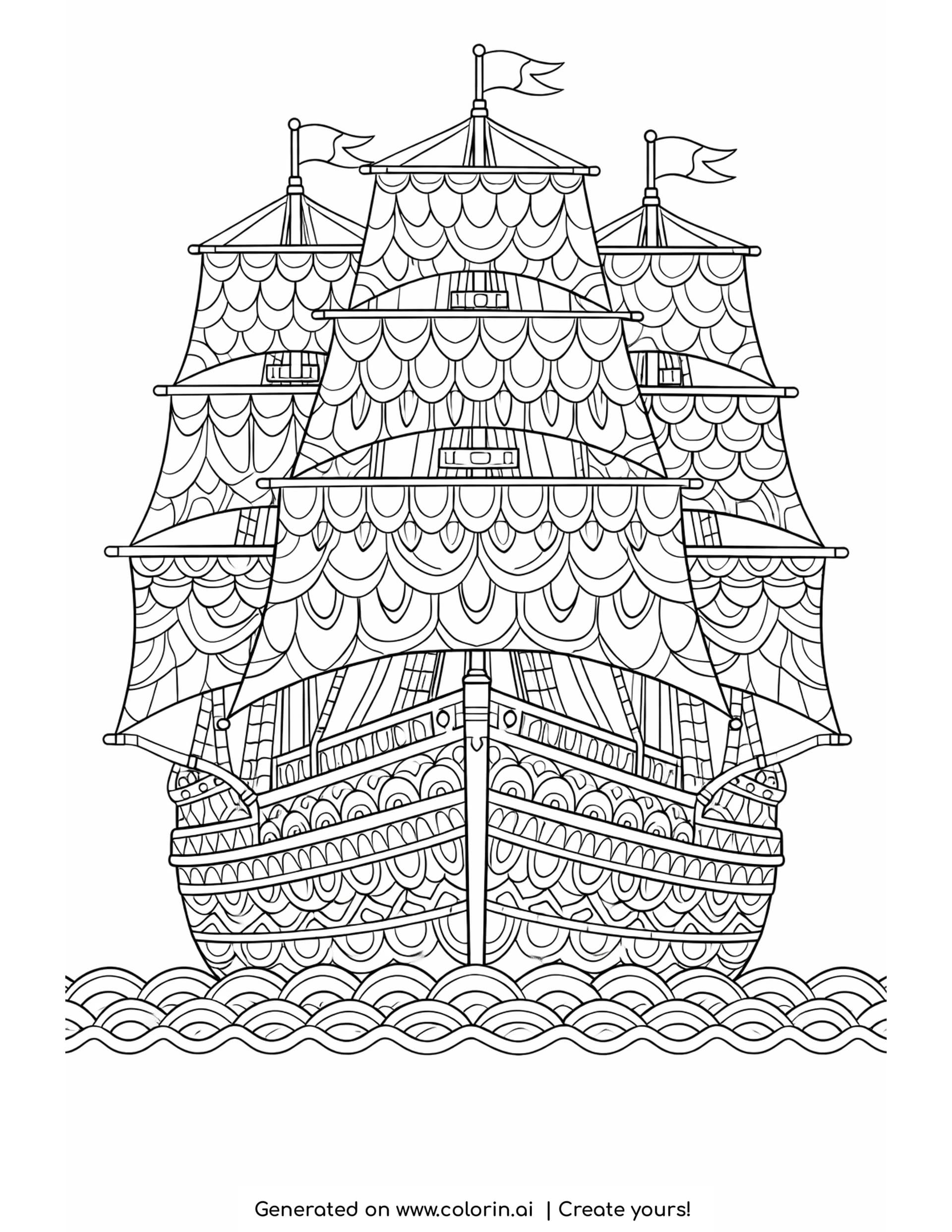 boat mandala coloring pages — three masted sailing ship with layered scale patterned sails and nested arches on the hull