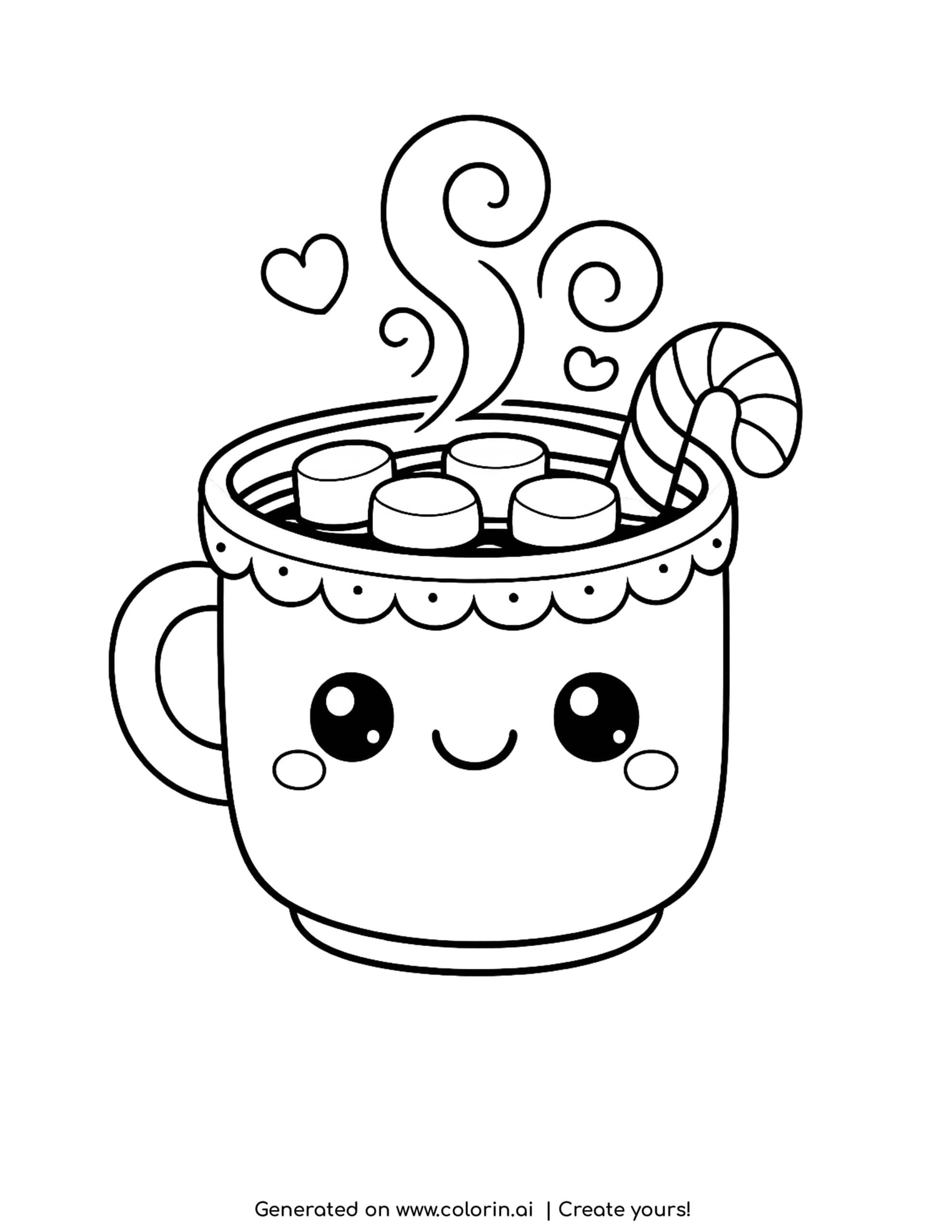 kawaii christmas coloring pages, a smiling hot cocoa mug with marshmallows and a candy cane