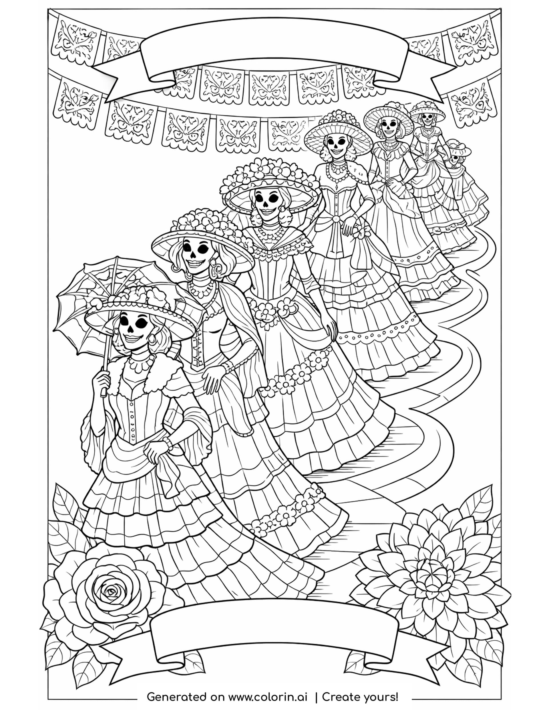 catrina parade coloring pages, six catrinas in ruffled dresses and flowered hats parading under papel picado banners