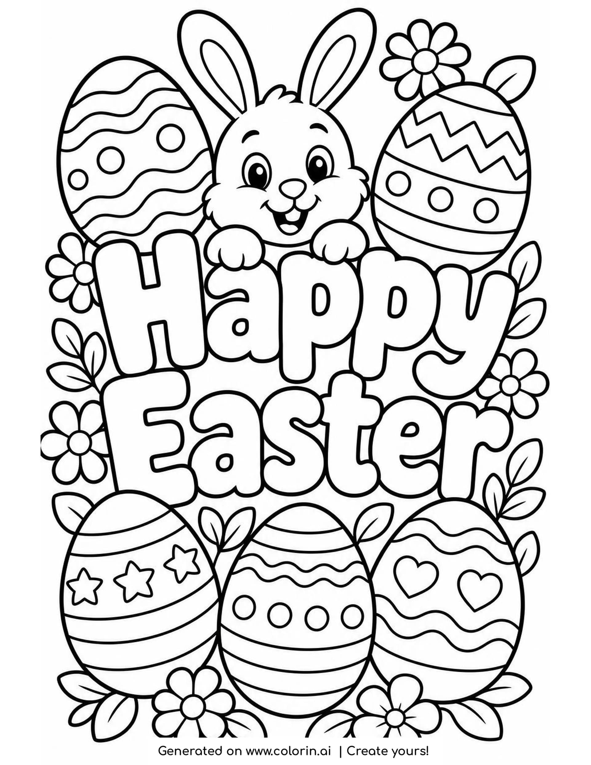 Happy Easter coloring page with the greeting in rounded bubble letters, a bunny peeking over the top, five decorated eggs and small flowers