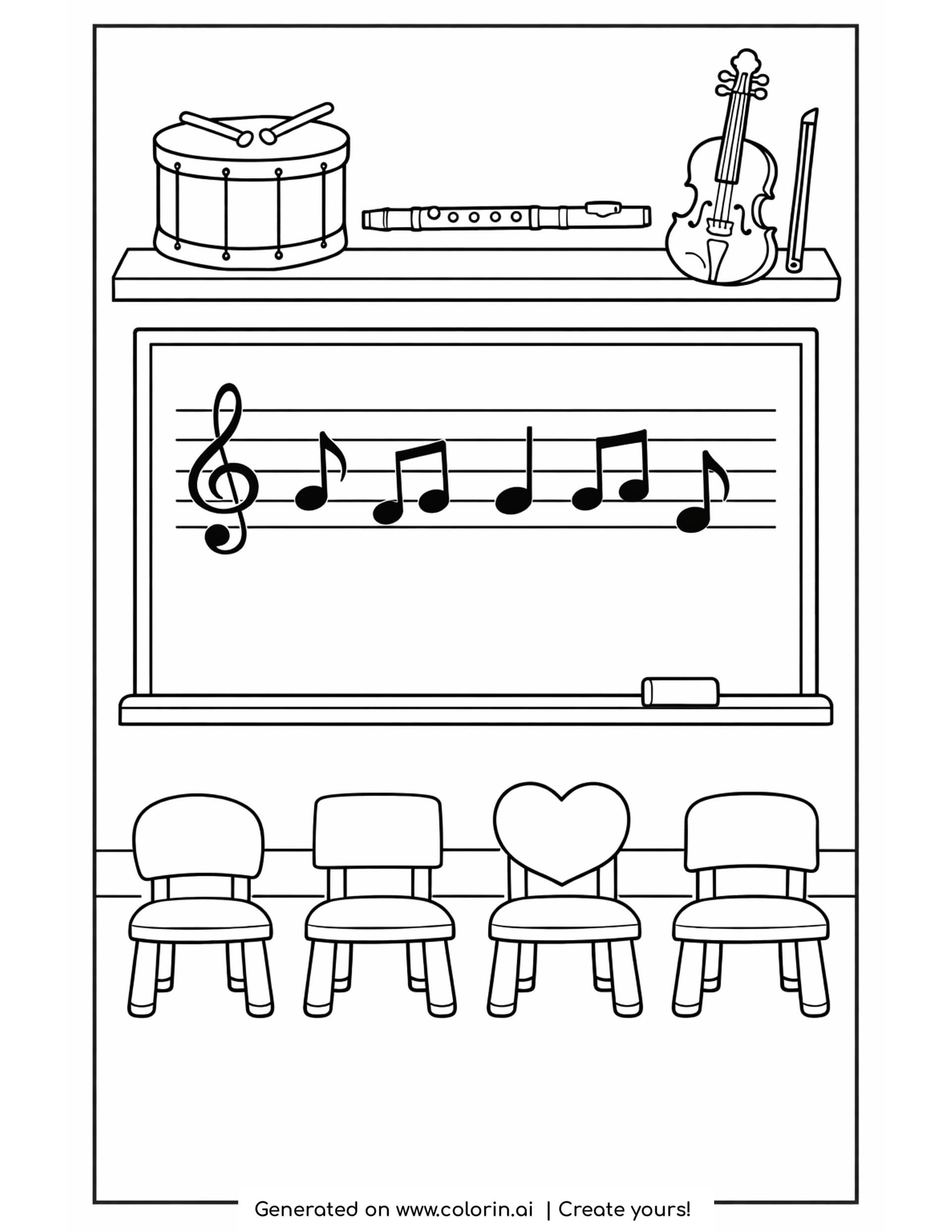 musical instruments coloring pages - a music room with a drum, flute and violin on a shelf above a board and four chairs