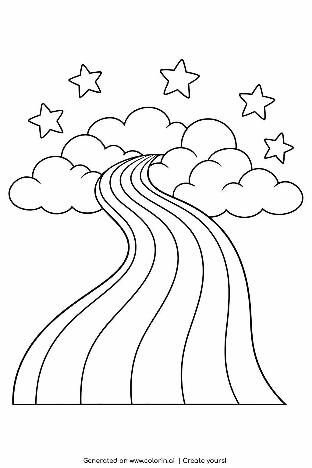 rainbow coloring pages, a rainbow-striped road curving upward and disappearing into a bank of fluffy clouds and stars