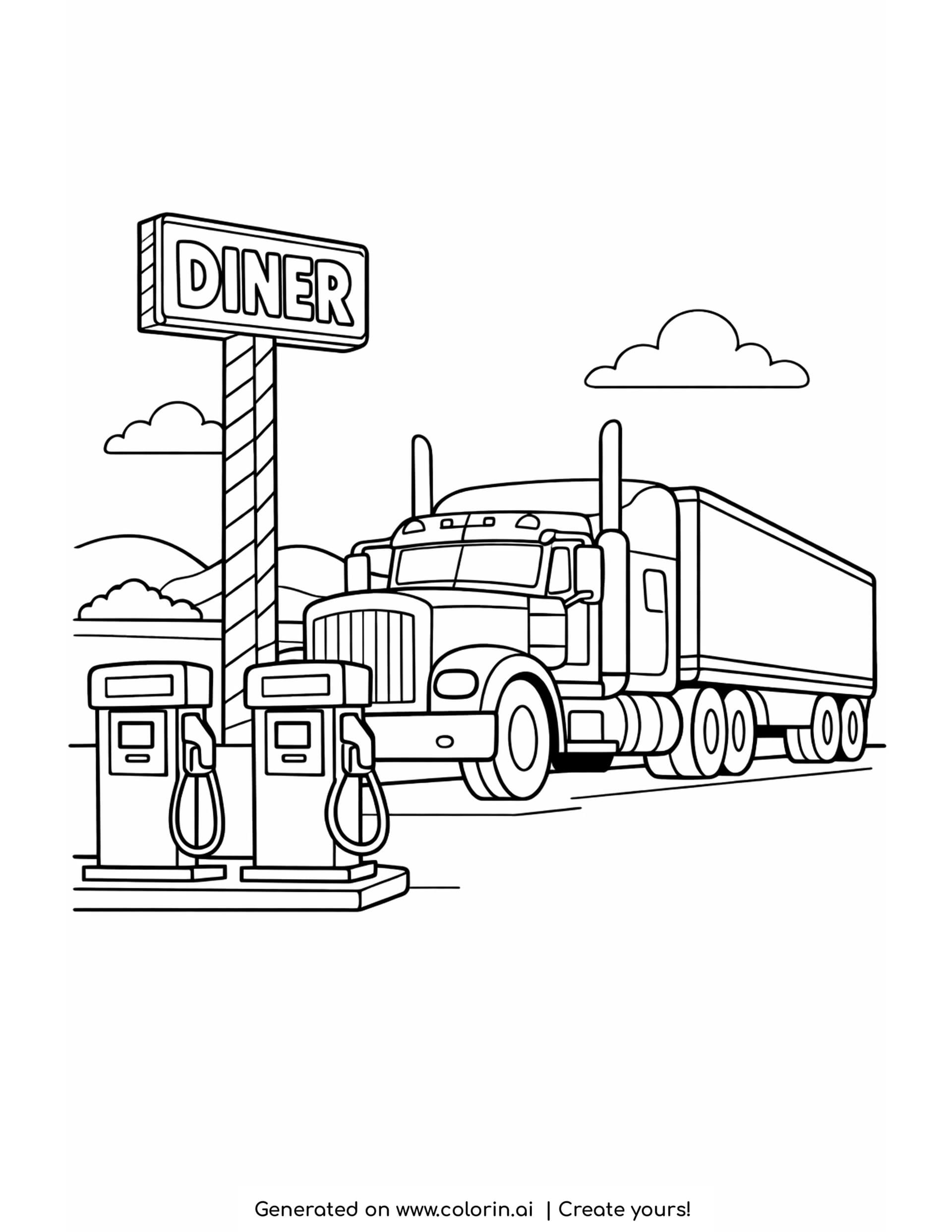 truck stop coloring pages: a semi truck parked at fuel pumps beneath a tall diner sign