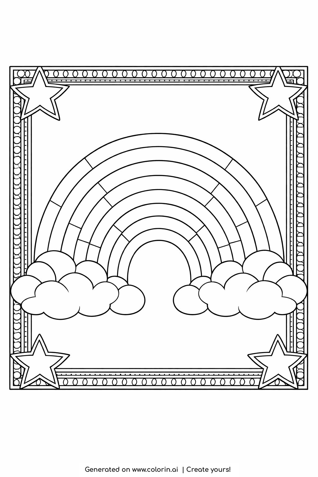 rainbow coloring pages for adults, a rainbow surrounded by a decorative border of stars and fine repeating patterns