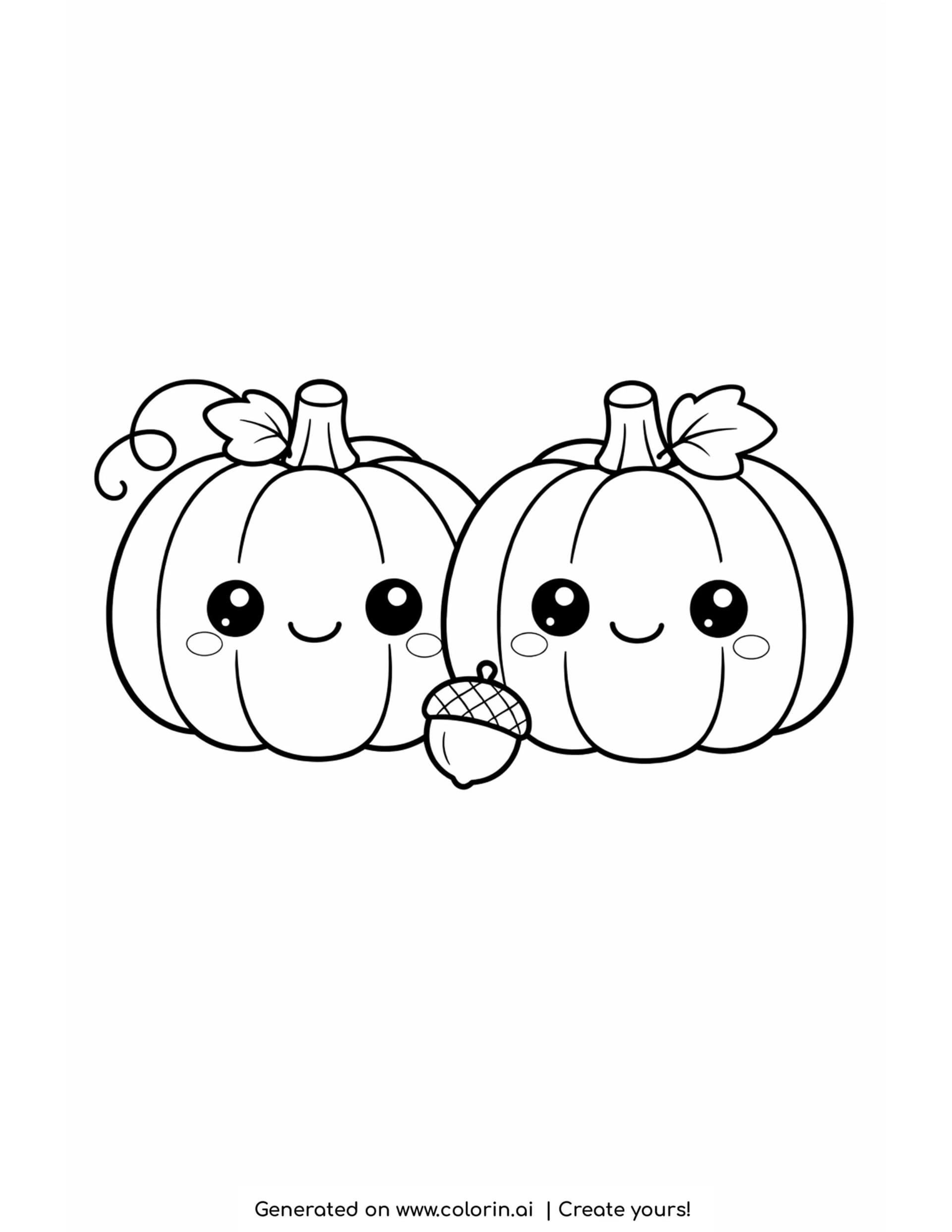 cute thanksgiving coloring pages, two round pumpkins side by side with happy smiling faces and a tiny acorn between them