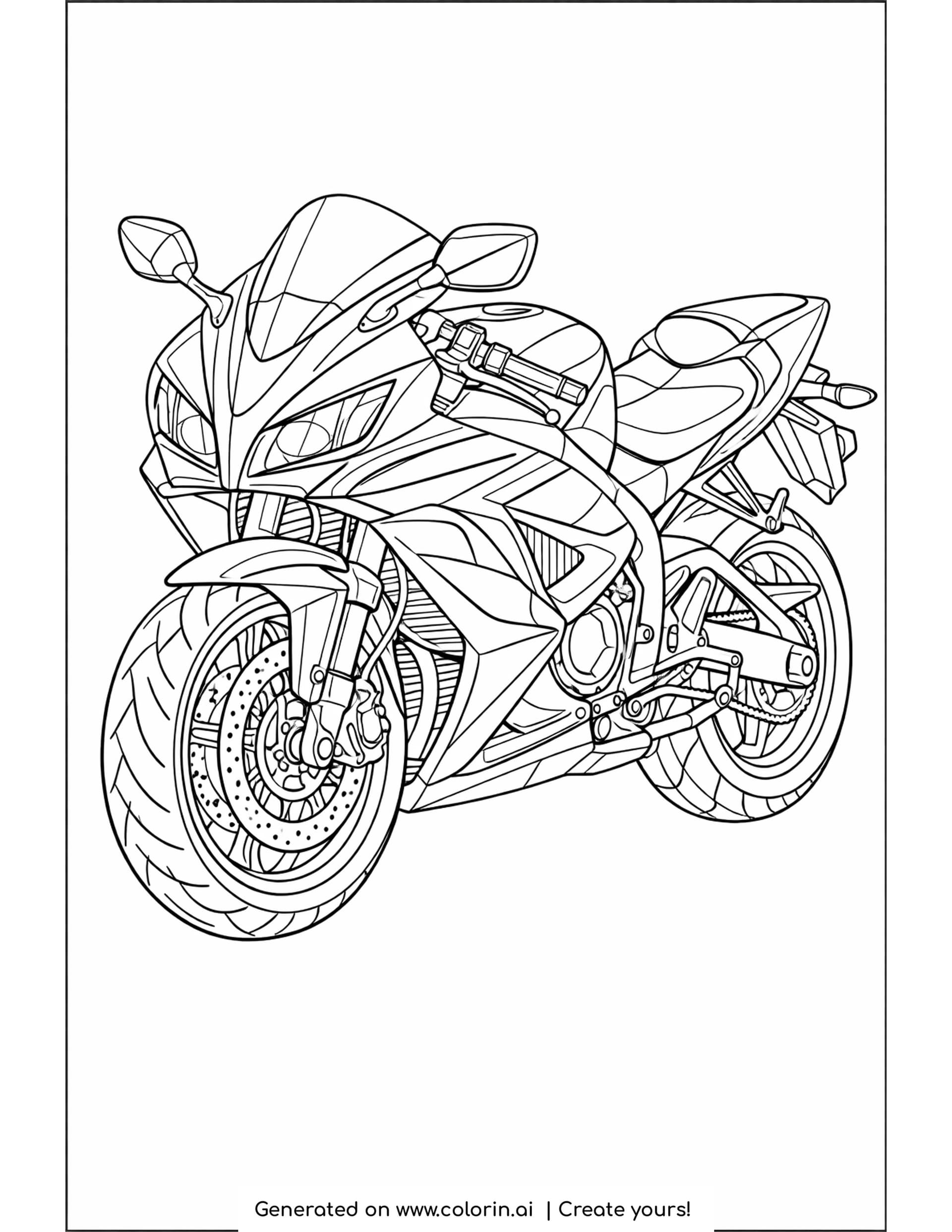 detailed sport bike coloring pages - detailed sport bike seen from a front corner with layered fairings and brake discs
