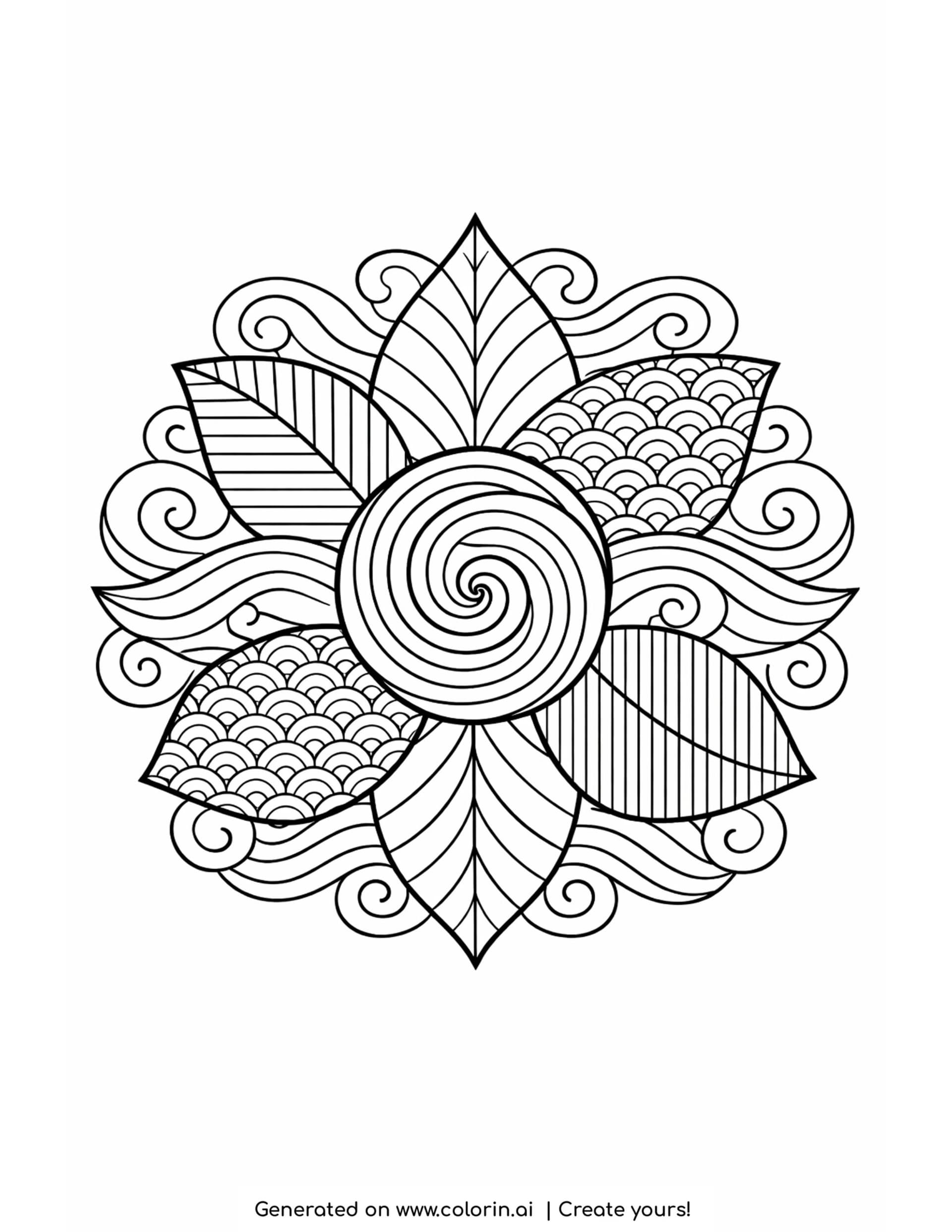 leaf mandala with swirling patterns detailed floral design coloring page