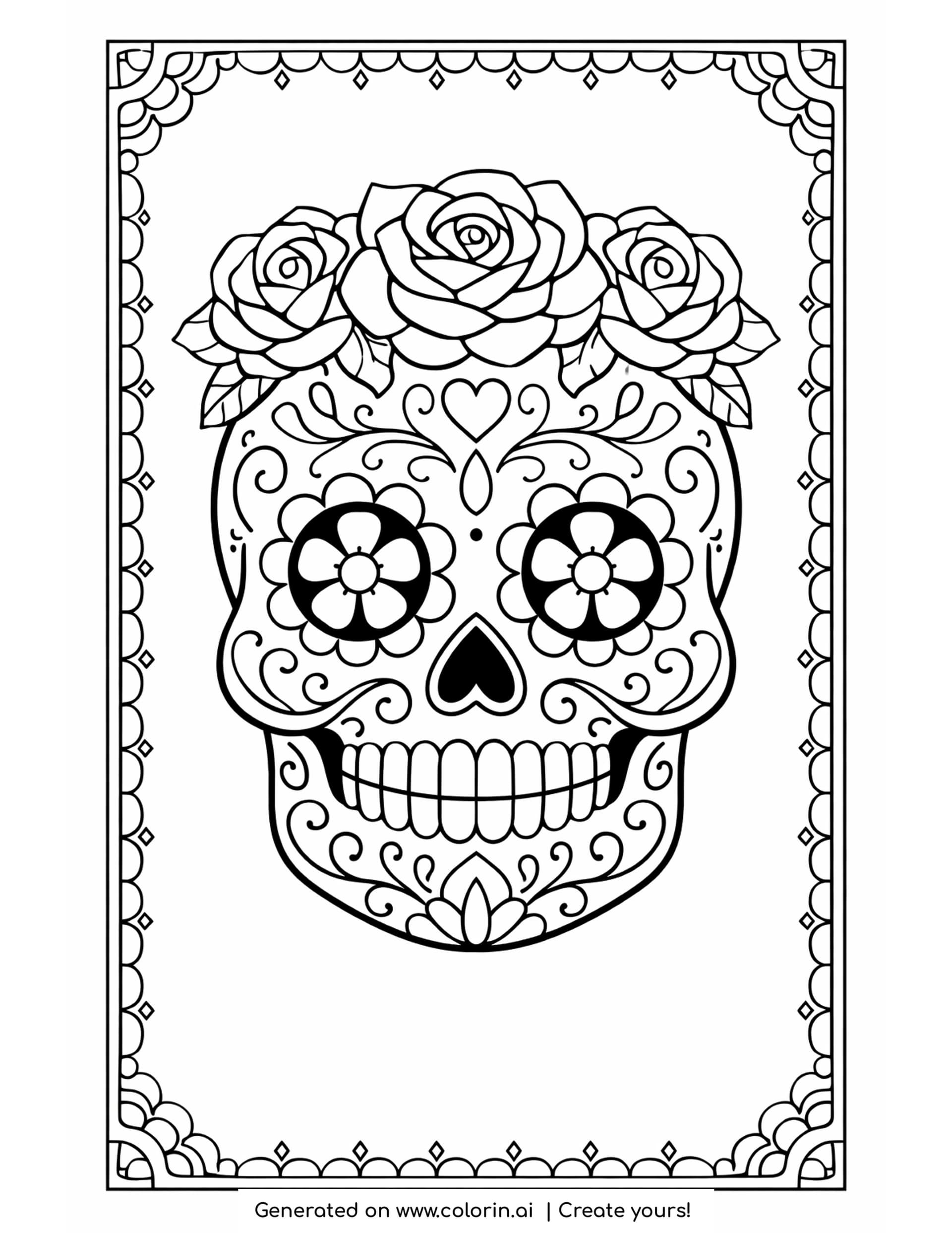 sugar skull with roses coloring pages, skull with three roses across the crown, flower eyes and a decorative border