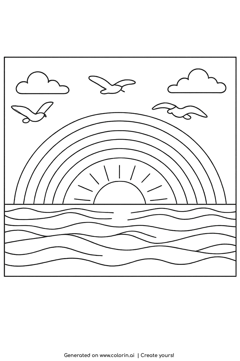 free printable rainbow coloring pages, a rainbow over calm ocean waves with a low setting sun on the horizon and a few gulls
