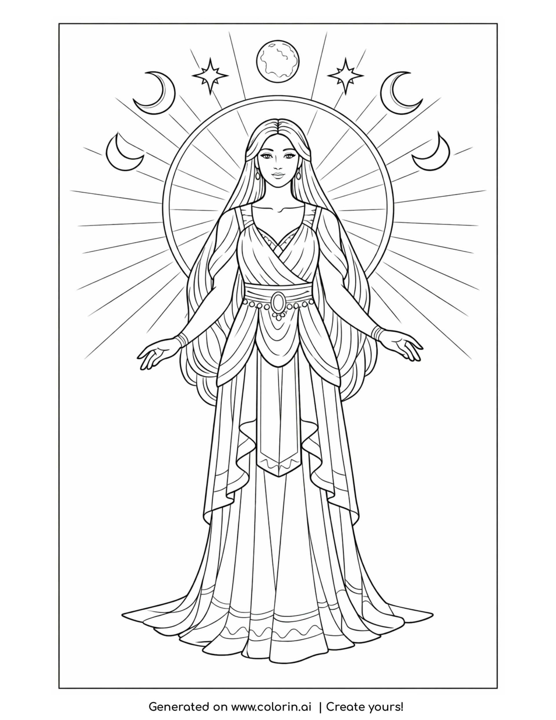 goddess with celestial halo coloring page with moon symbols and radiant lines