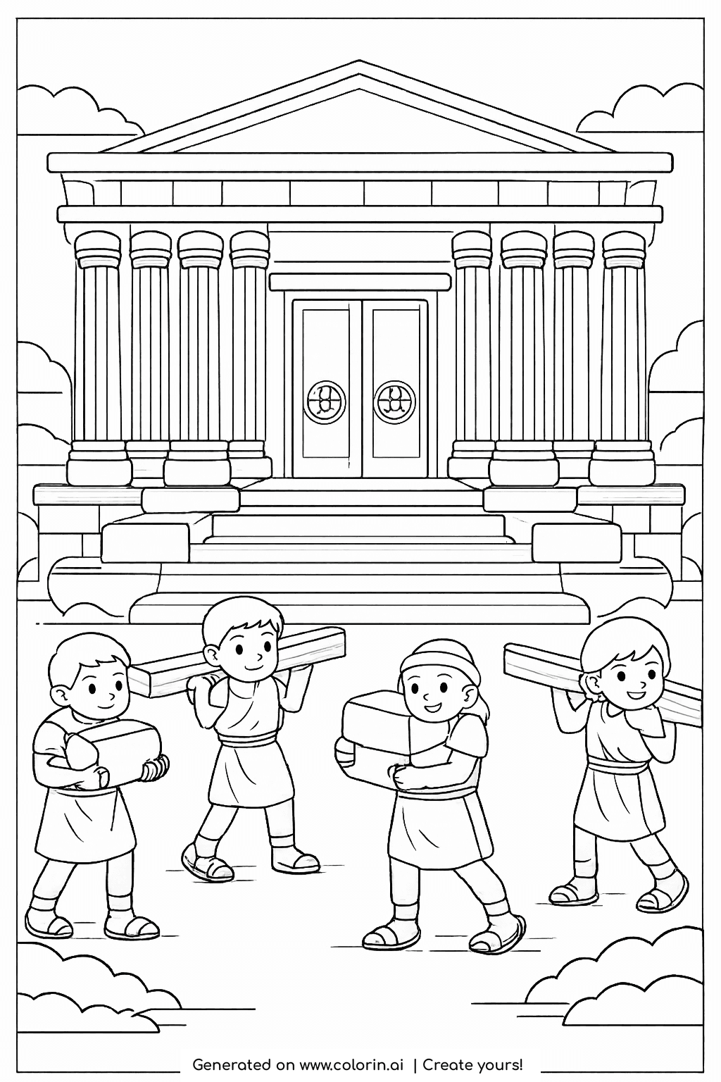 children's bible coloring pages, Solomon's temple with columns while young workers carry stones up the steps