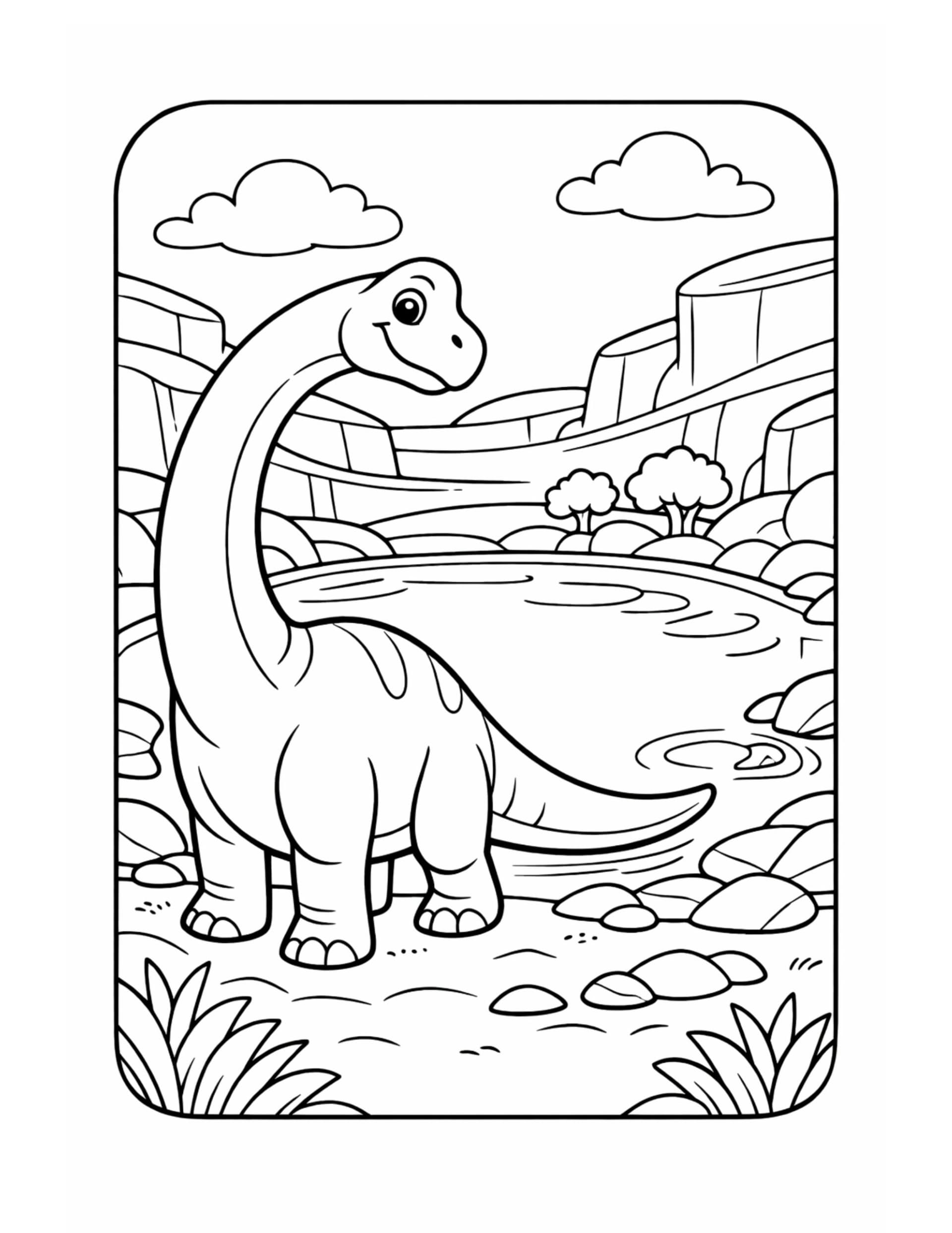 smiling dinosaur beside a river coloring page with a cute long neck dinosaur in a canyon landscape coloring page