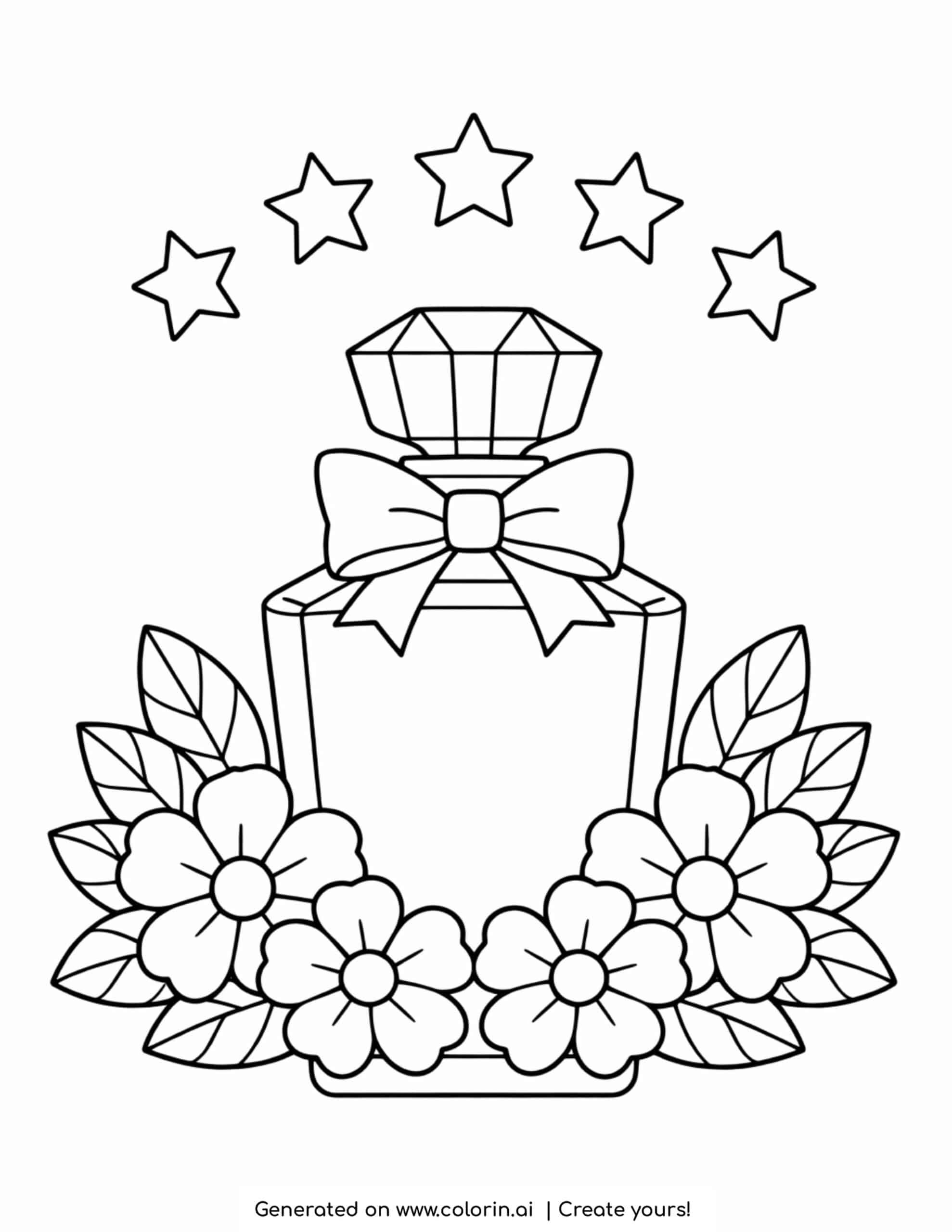 perfume bottle with flowers and stars coloring page with decorative bow and floral base