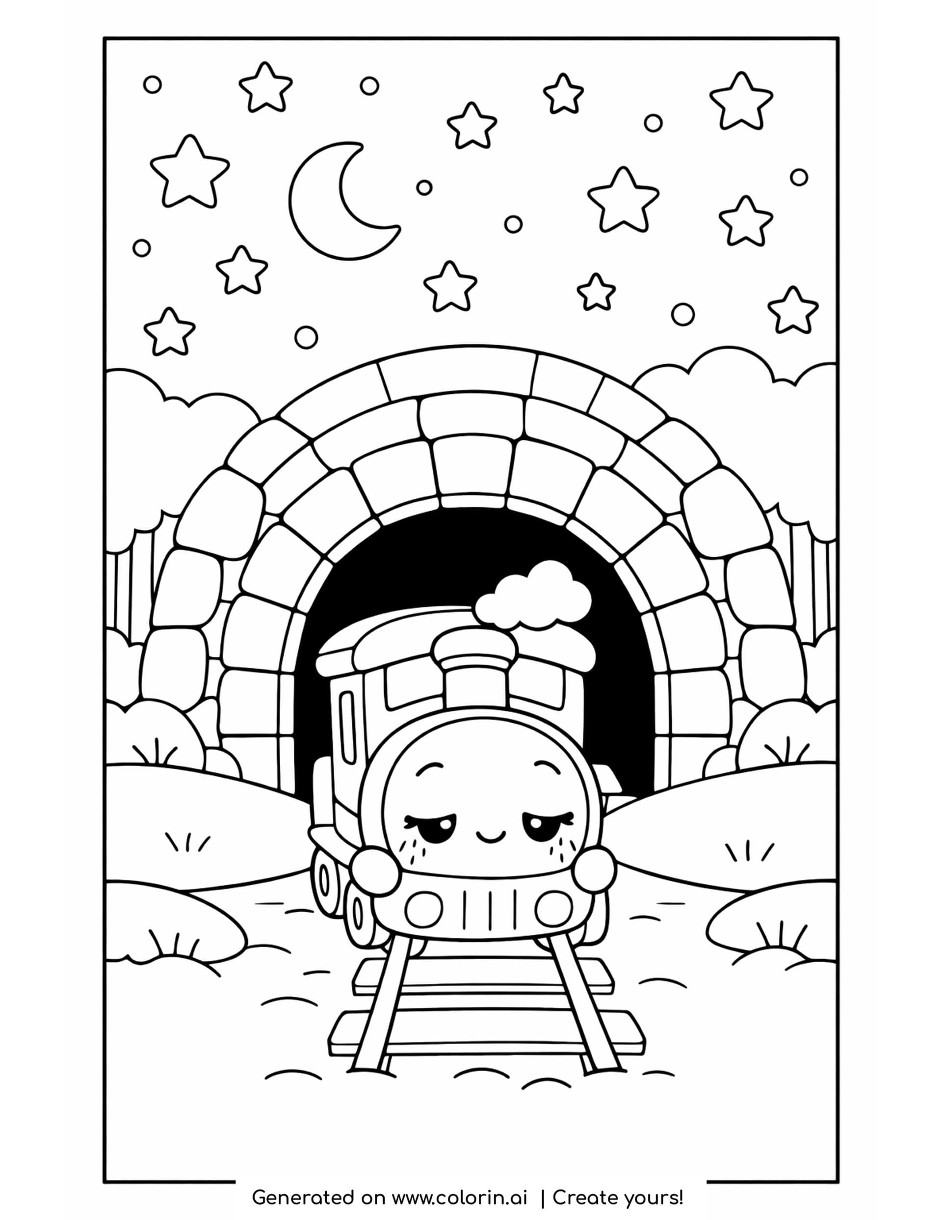 tunnel coloring page with a rounded stone arch, a starry sky and a sleepy train at the entrance