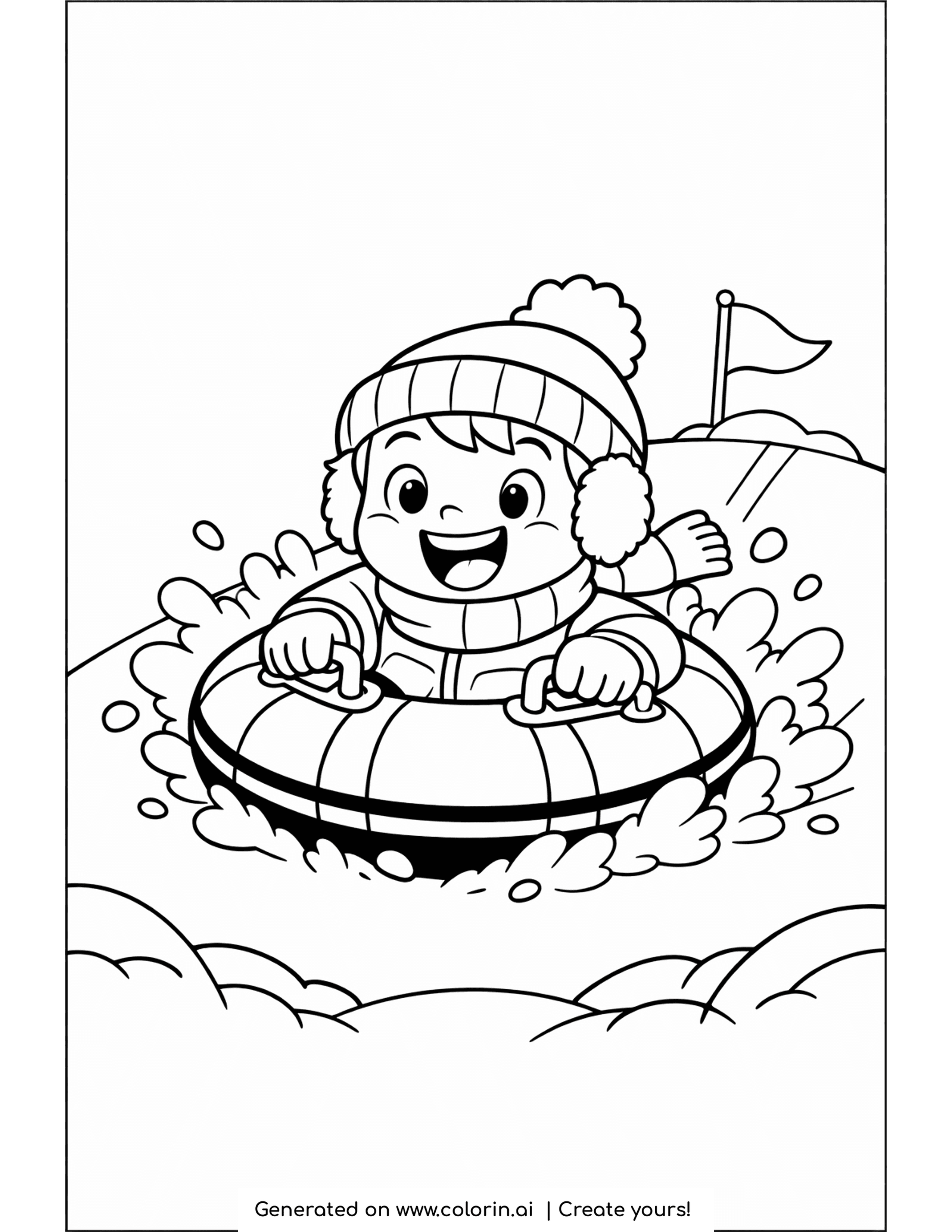 winter sports coloring pages, a happy kid riding a round snow tube down a slope with snow flying and a flag behind
