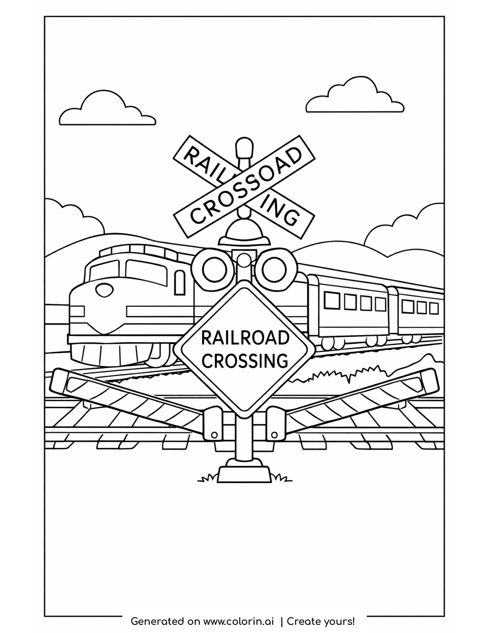 railroad crossing coloring page: a crossbuck signal with a bell, two lamps, a diamond warning sign and both gates lowered